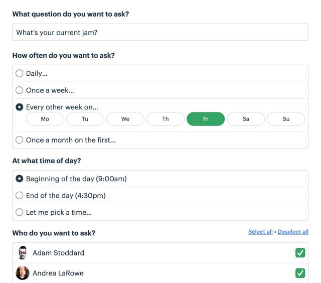 Basecamp project management tool checkin question example.