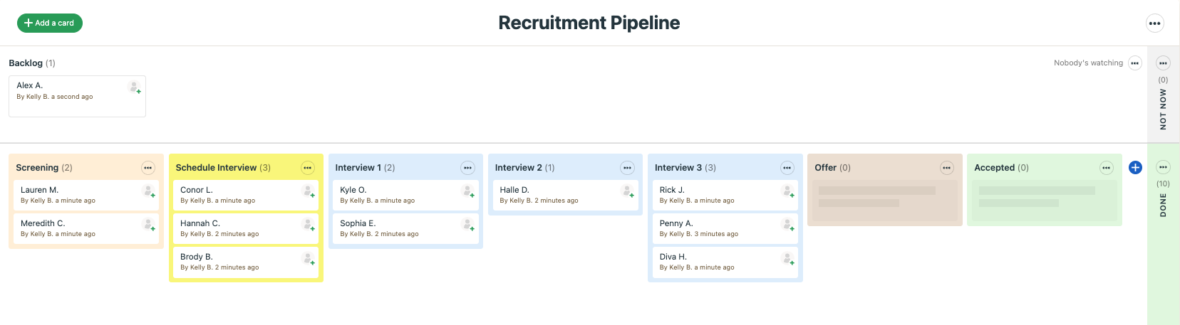 Moving candidates through your recruitment pipeline is as simple as sliding a card