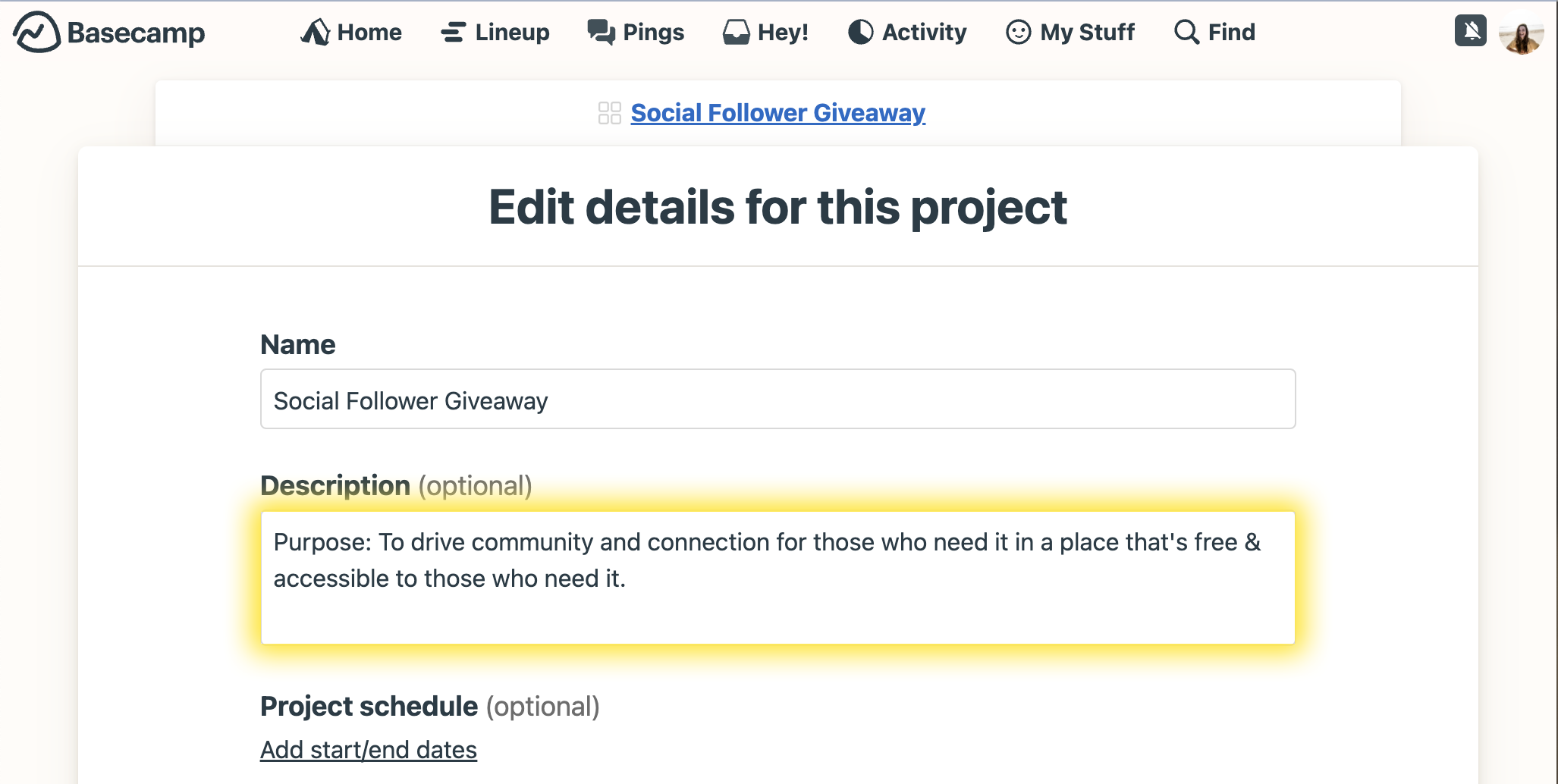 Example of editing a project description to include the purpose inside Basecamp.