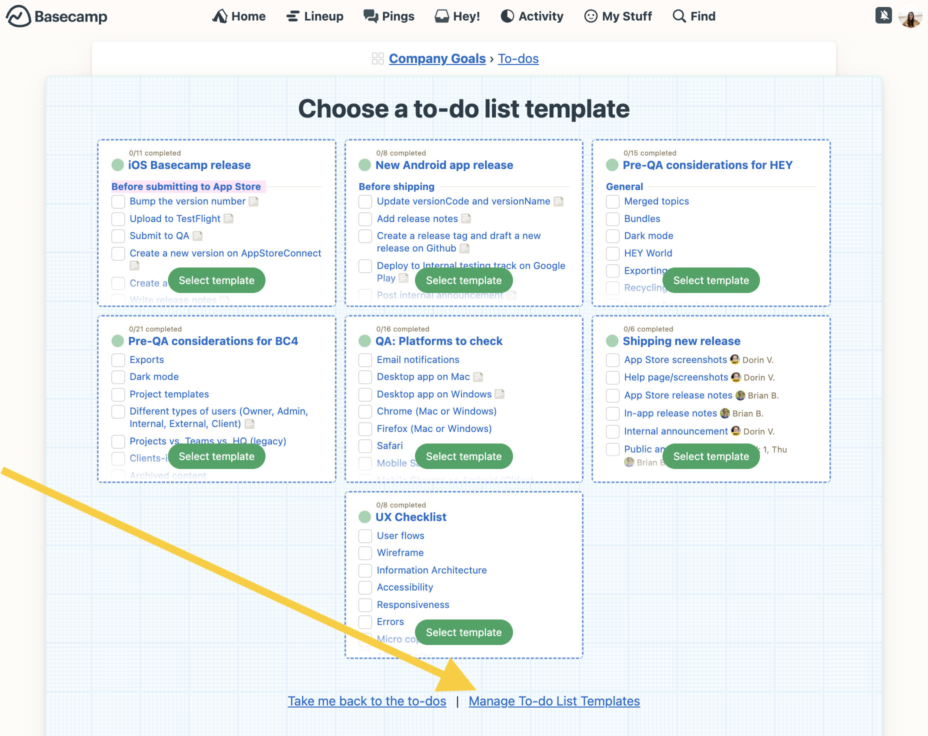 Where to find the option to Manage To-do List Templates in Basecamp.