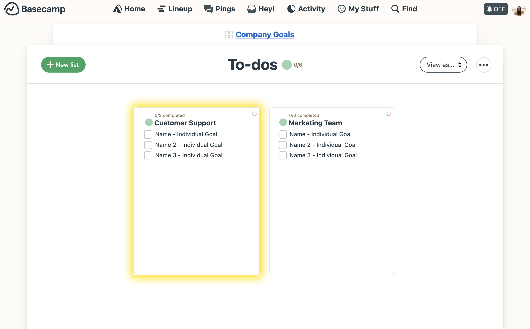 Example of creating individual goals that help achieve the department goals inside their respective to-do lists with Basecamp.