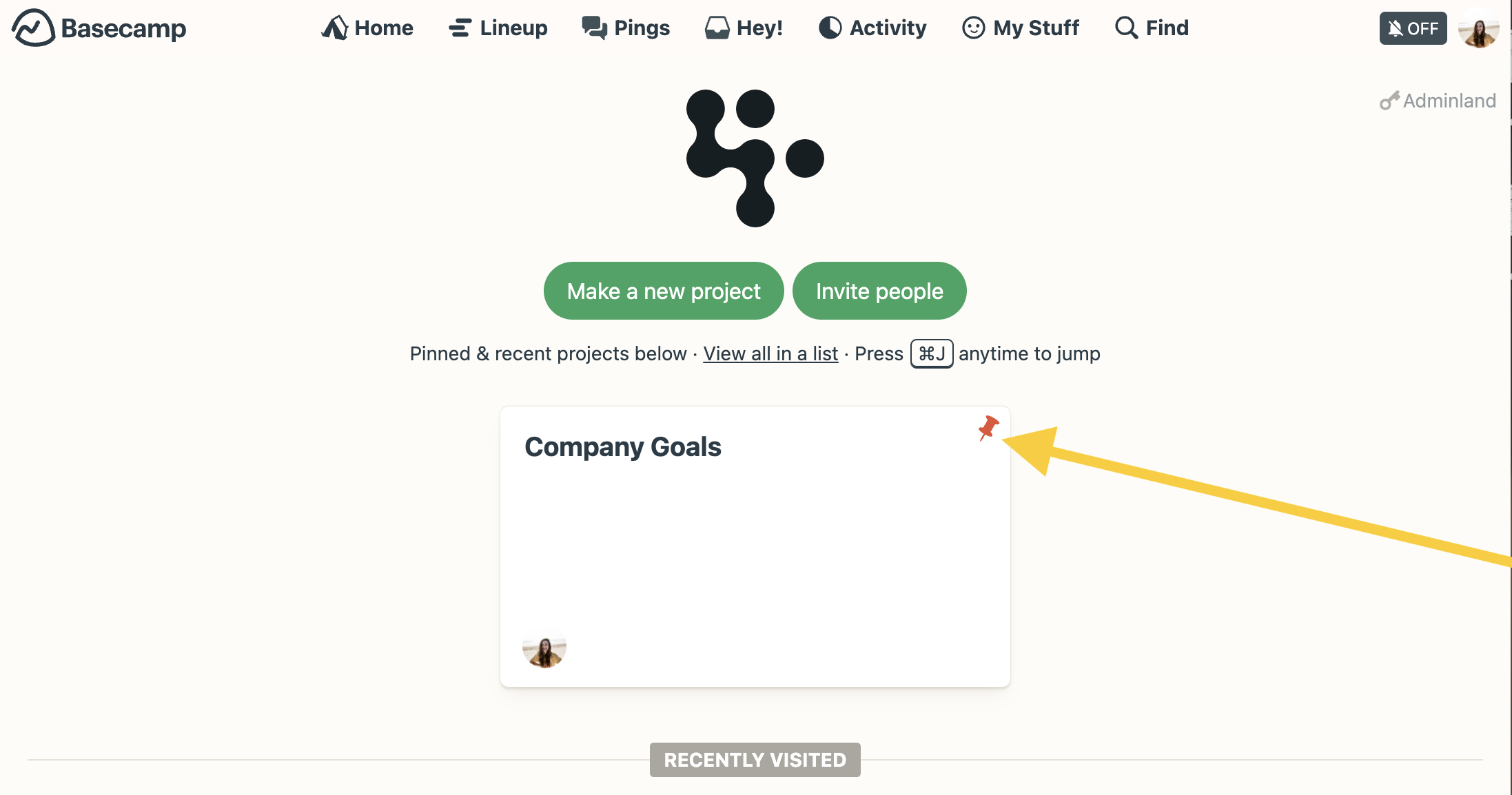 Pinning a project to the top of your dashboard inside Basecamp project management software.