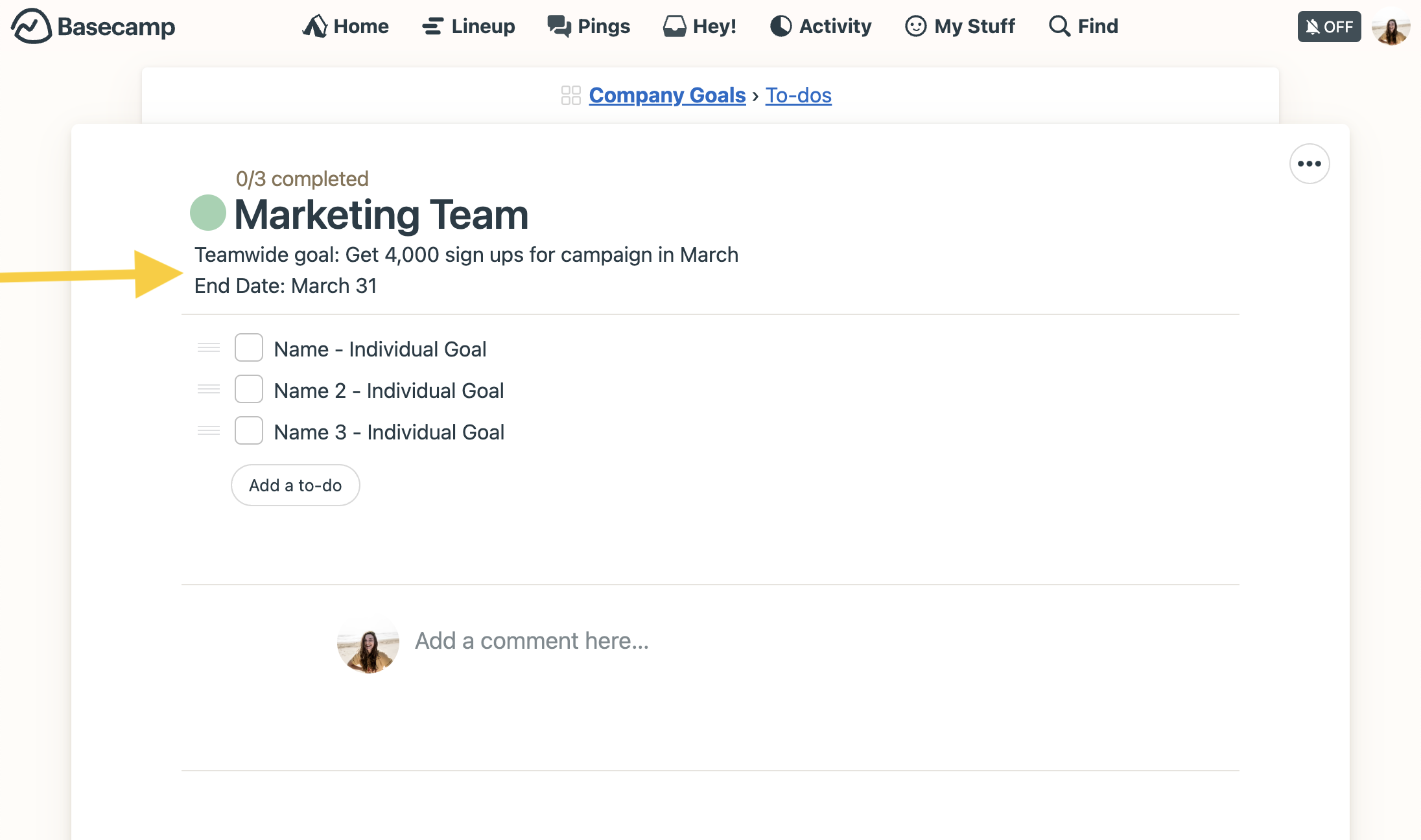 Examples of including Teamwide Goal and End Date in to-do list details inside Basecamp.