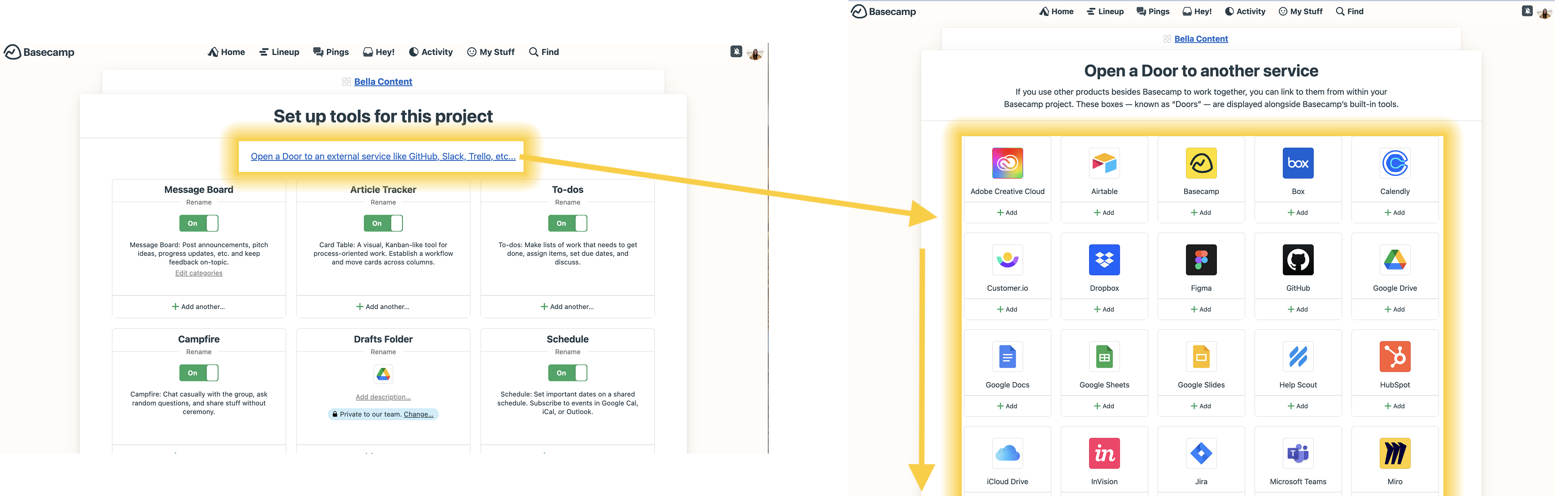 Integration options and examples from Basecamp project management software.