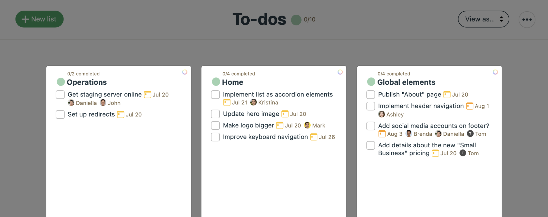 Structure your to-do lists by type of work and assign to an owner to organize your project