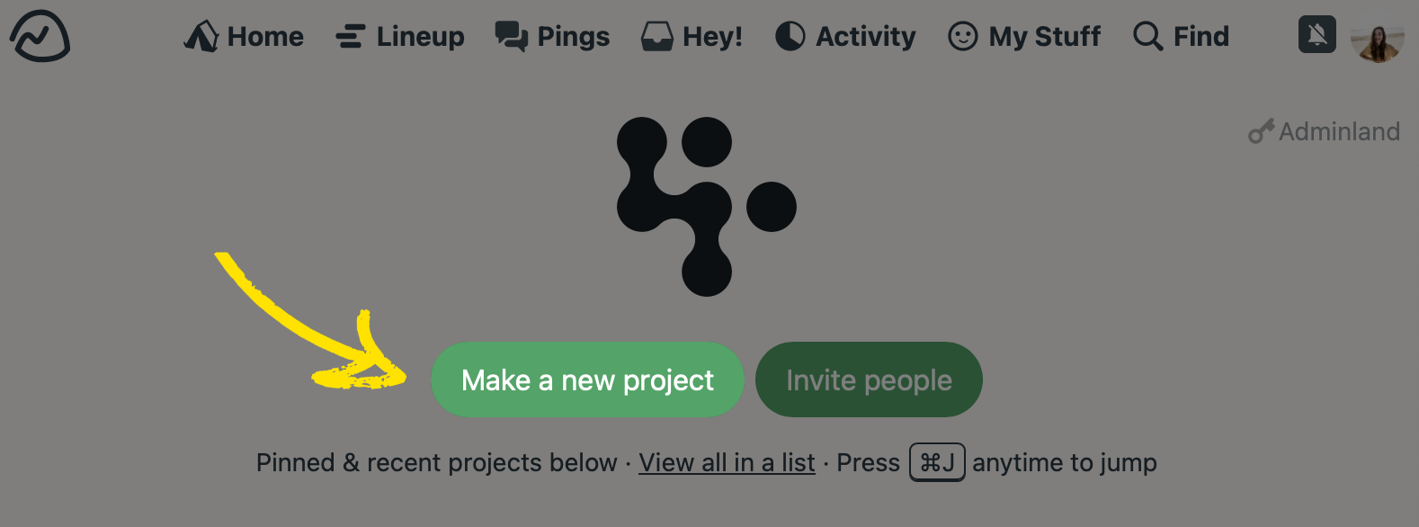 Account dashboard with the ‘Make a New Project’ button in Basecamp’s project management software