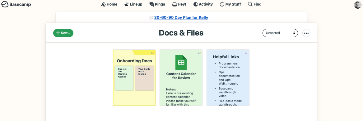 A typical “Docs & Files” section inside our 30-60-90 Day Plan Template.