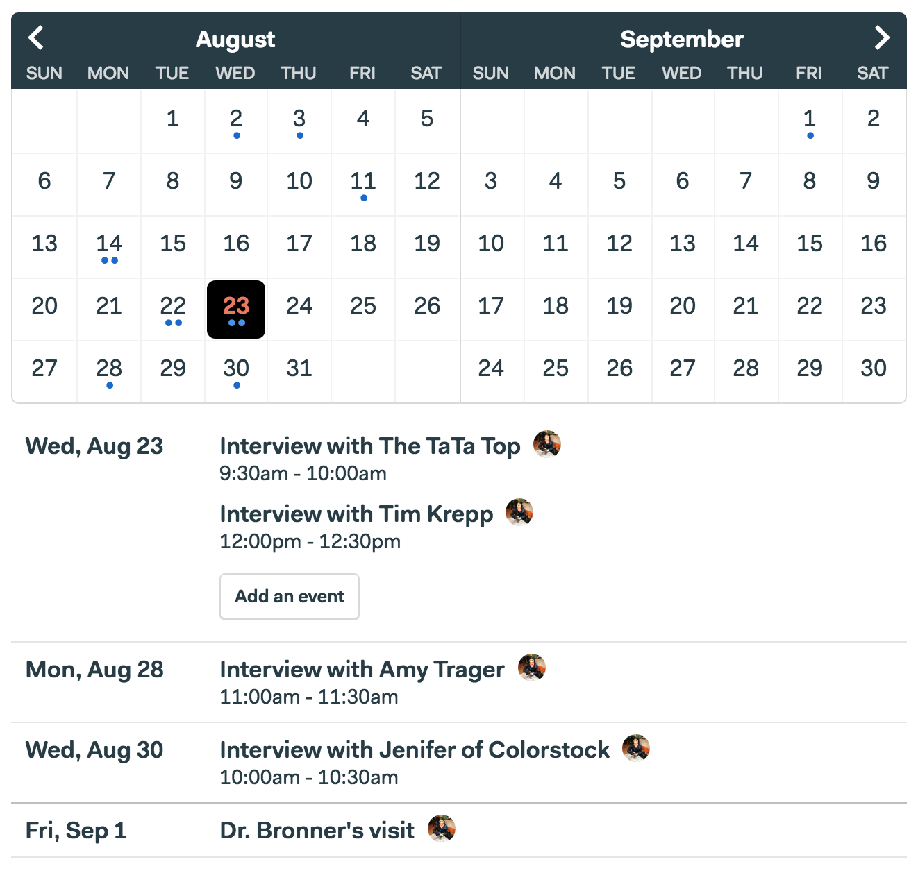 A screenshot of the final Dot Grid calendar as built in Basecamp. It has the same structure as the rough sketch but it is fully designed down to every detail.