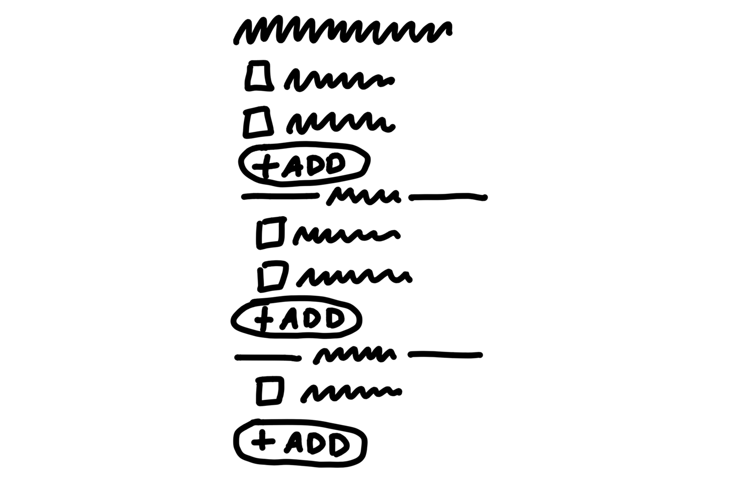 A sketch showing an Add button below each set of items: the loose items and the items in each group.