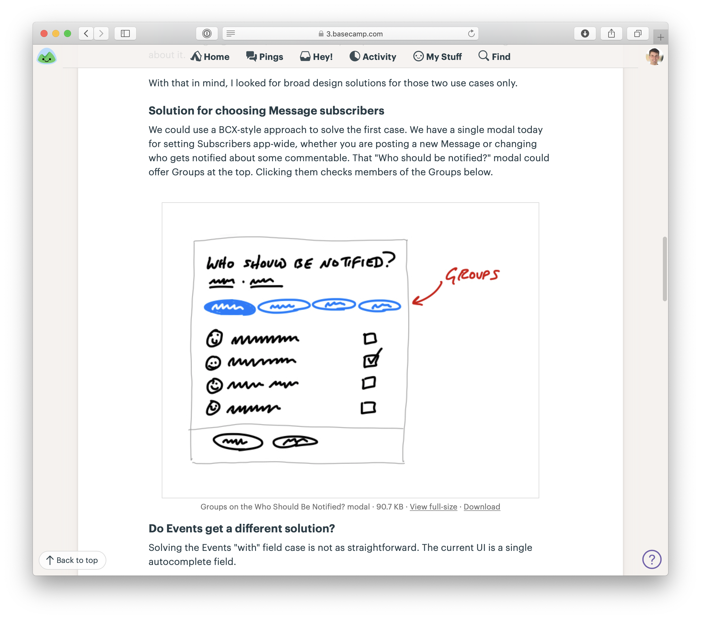 Screenshot of another Pitch in Basecamp. The part of the pitch that is scrolled into view has a fat marker sketch embedded in the middle.