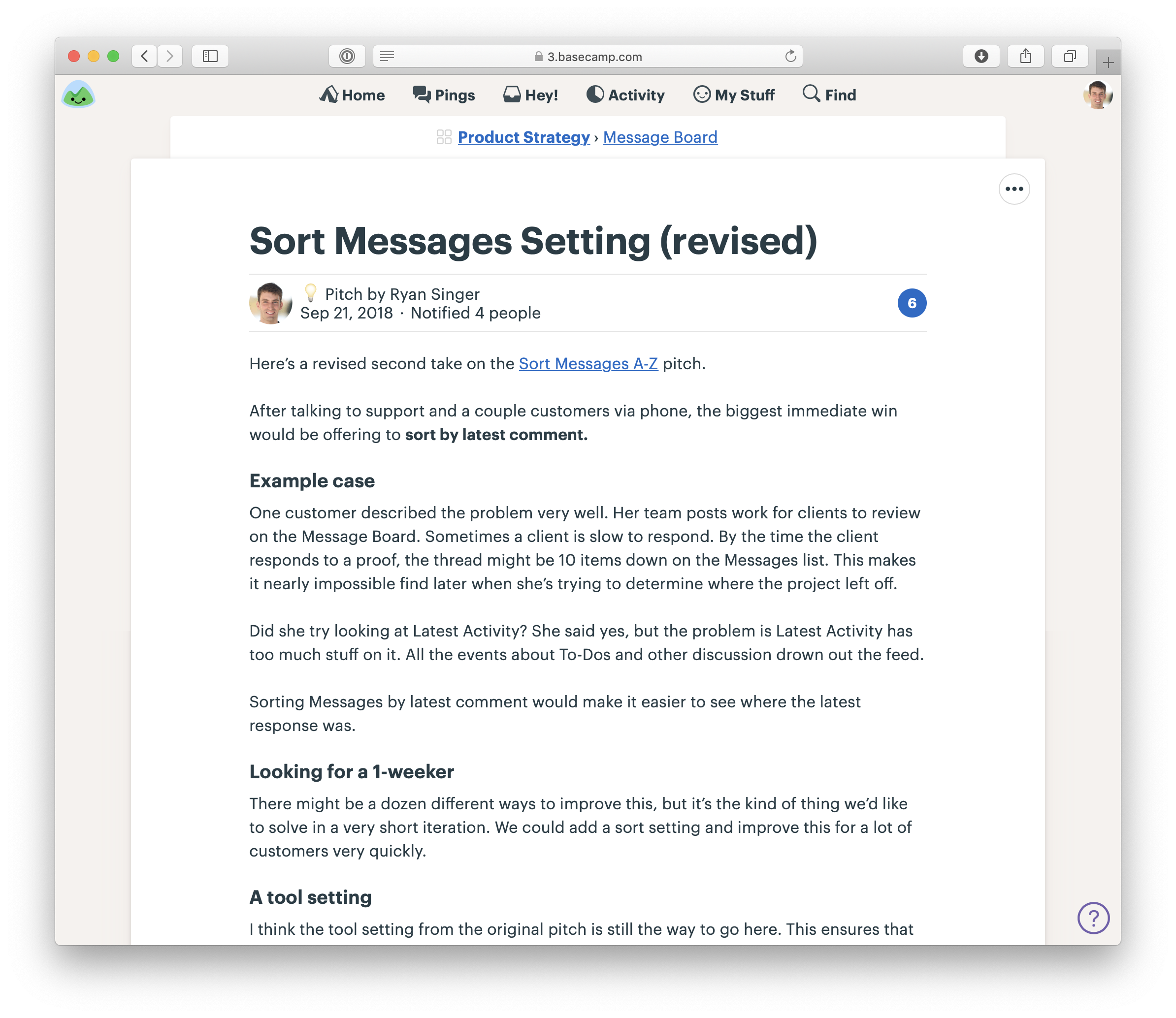 A screenshot of a Pitch posted as a Message in Basecamp. It is titled: Sort Messages Setting (Revised). It looks like a document. The first part of the pitch describes an example customer case. The second section is titled 'Looking for a 1-weeker' and describes the appetite.