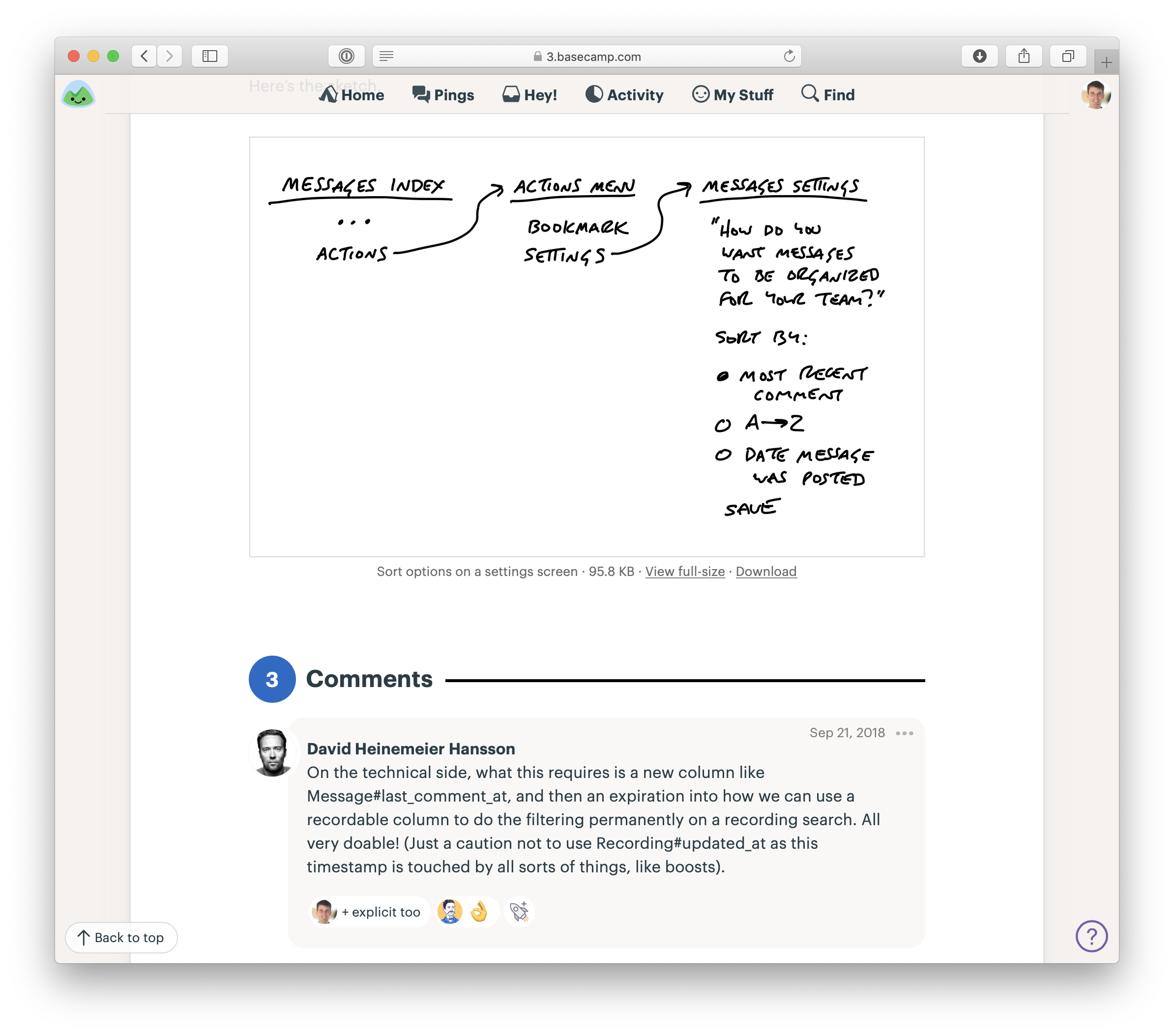 A screenshot of a pitch that is scrolled down to the bottom. A breadboard appears at the end of the document. Below that, a comment thread begins. The first comment is by David, the CTO, providing information about what the pitch requires from a technical standpoint.