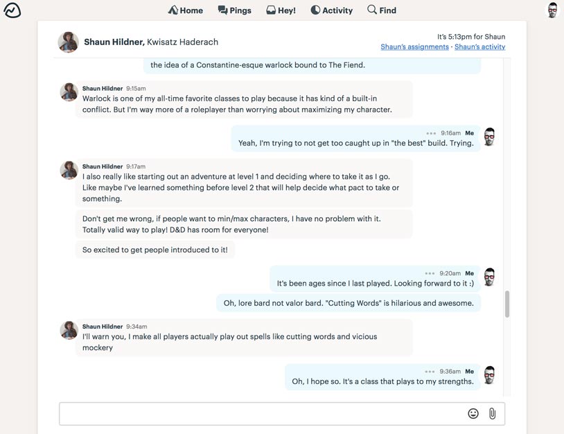 a direct message chat in Basecamp