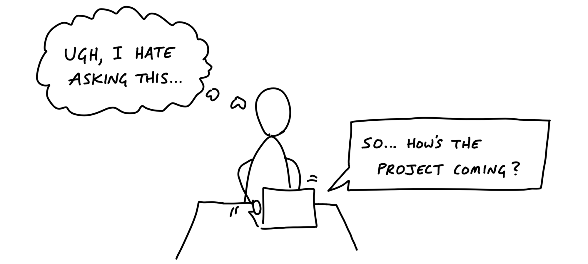 Cartoon. A figure sits alone typing on a laptop. A thought bubble says: Ugh, I hate asking this. A speech box indicating what they are typing says: So... how's the project going?