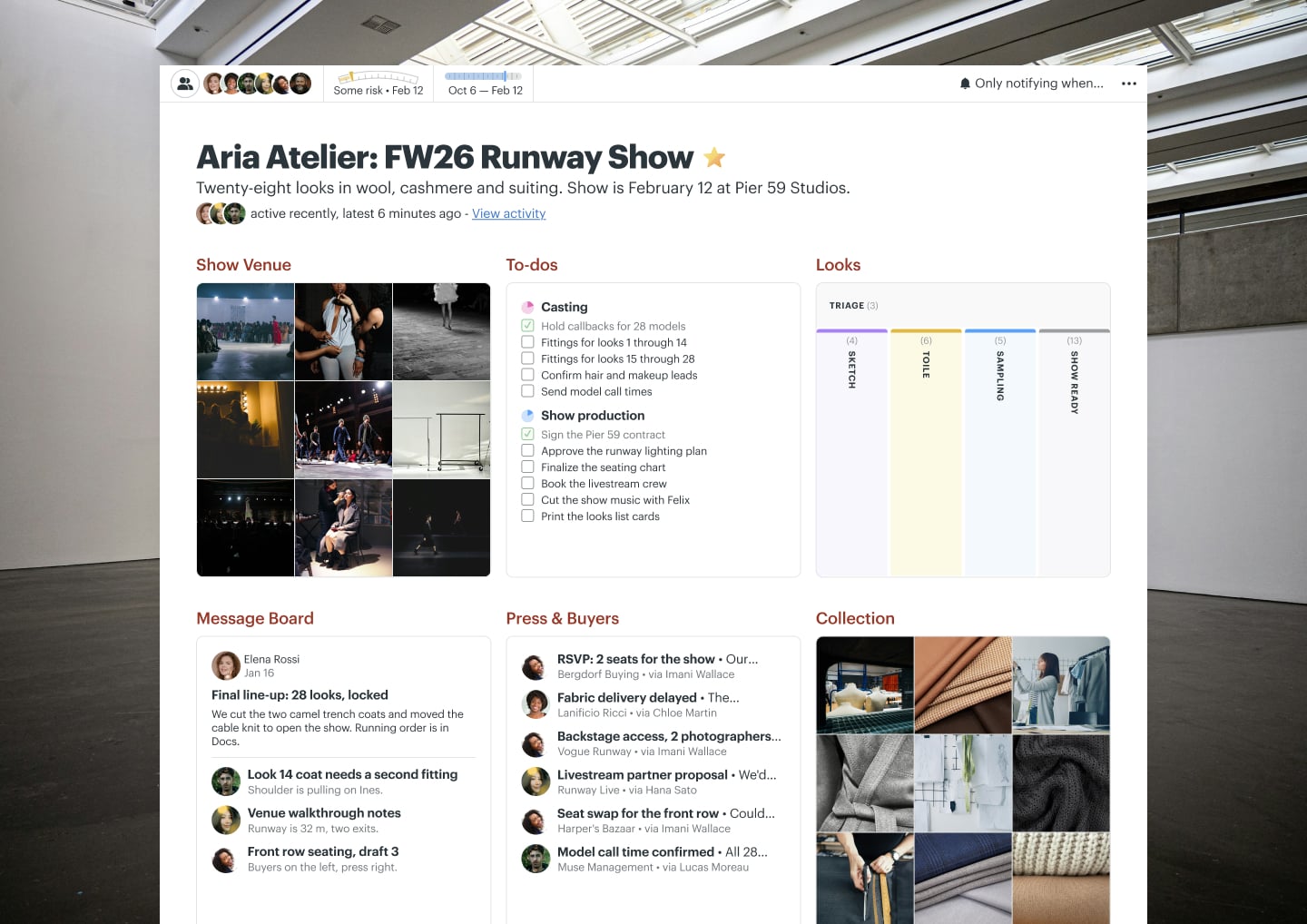 A runway show project in Basecamp with a Message Board, Docs & Files, To-dos, a Calendar, and Email Forwards