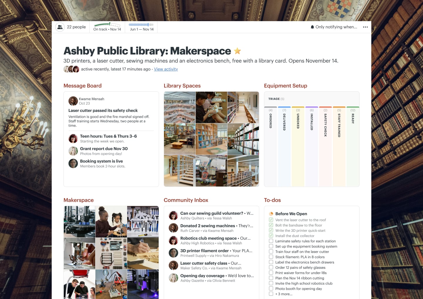 A library makerspace project in Basecamp with a Message Board, Docs & Files, To-dos, a Calendar, and Email Forwards