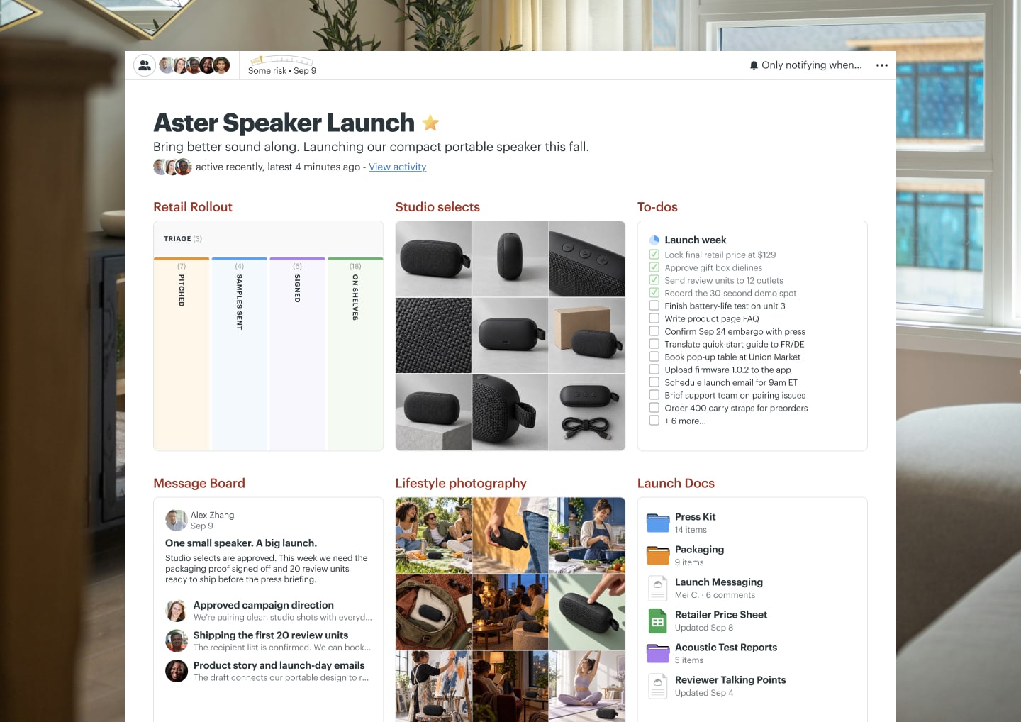 A product launch project in Basecamp with a Card Table, Docs & Files, a Message Board, To-dos, and Automatic Check-ins