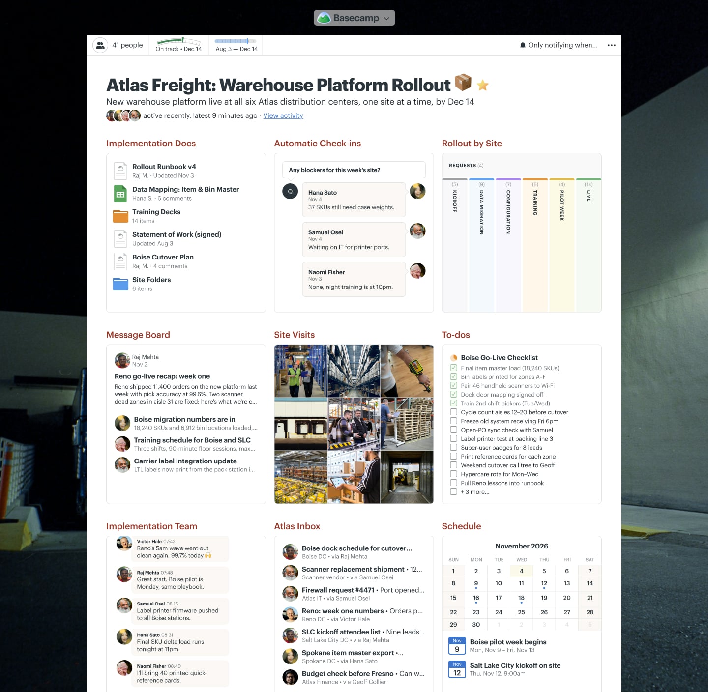 A warehouse software rollout project in Basecamp with a Card Table, Docs & Files, a Message Board, To-dos, Email Forwards, and Automatic Check-ins