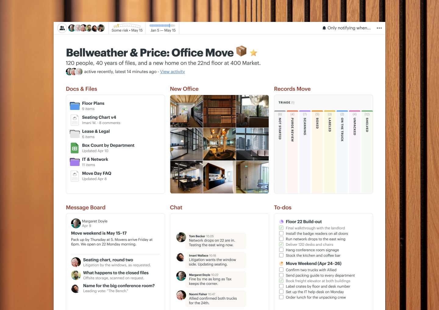 An office move project in Basecamp with a Message Board, Docs & Files, To-dos, a Calendar, and Automatic Check-ins