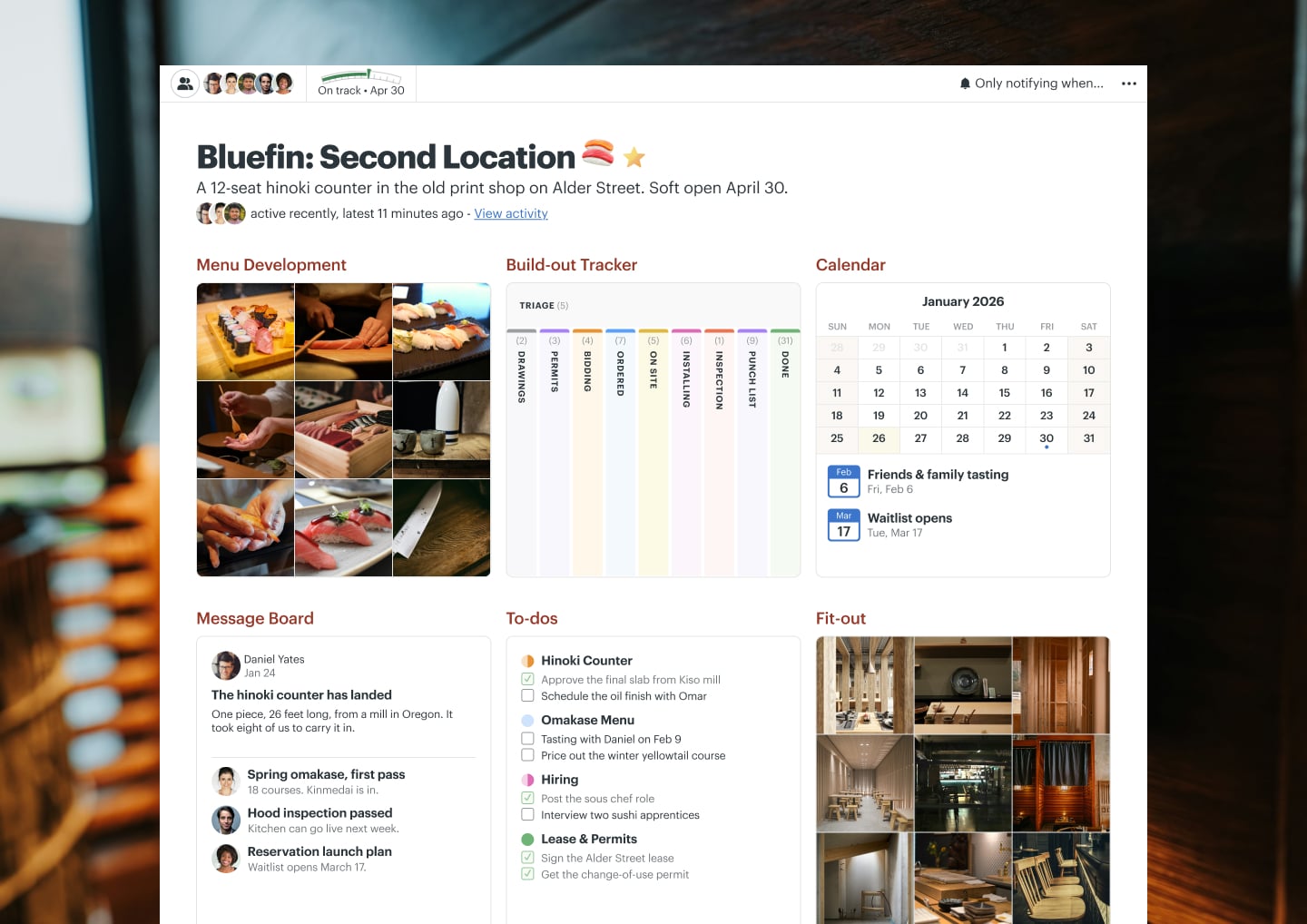 A second location opening project in Basecamp with Docs & Files, a Message Board, a Calendar, To-dos, and Chat