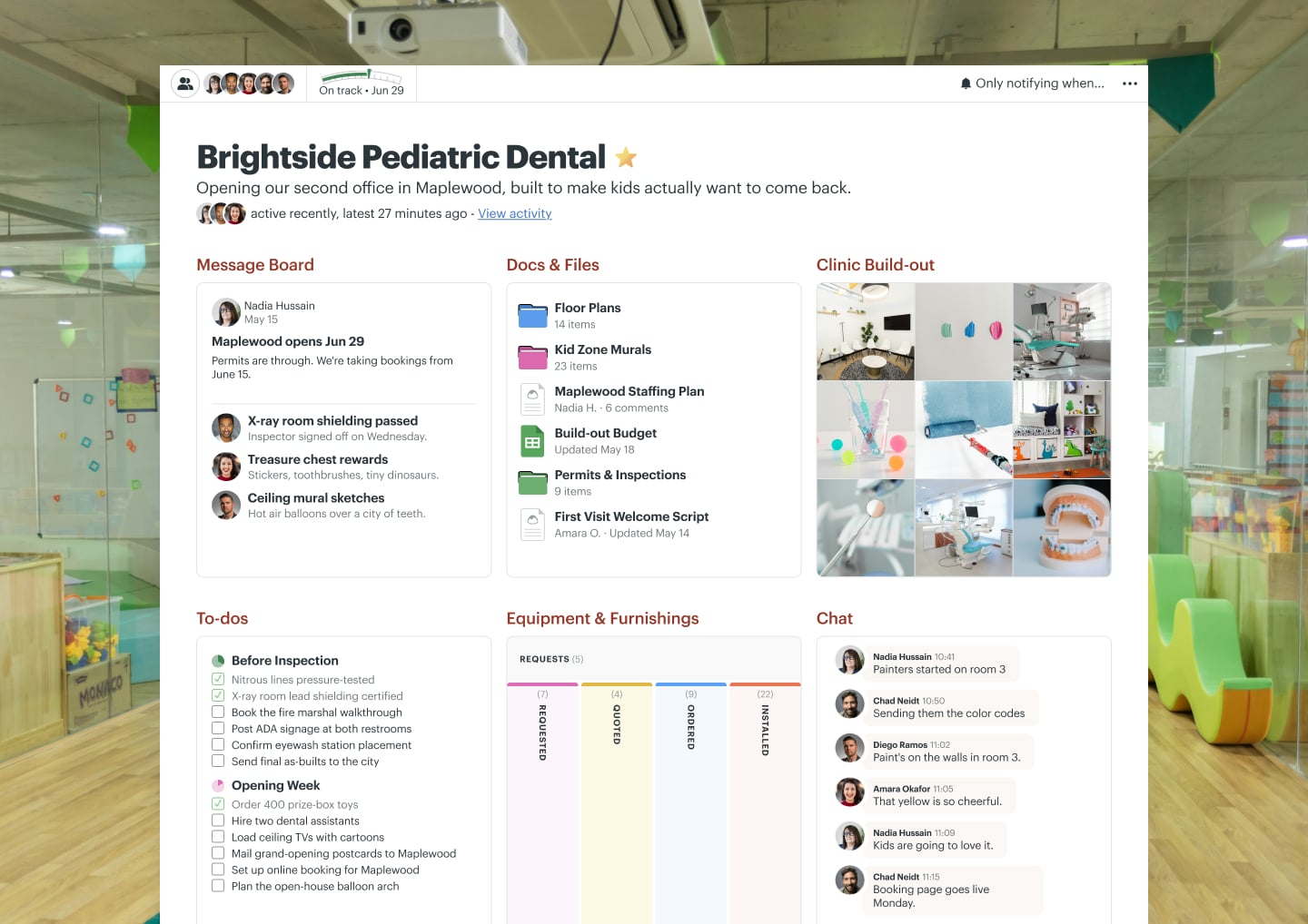 A new office build-out project in Basecamp with Docs & Files, a Message Board, Email Forwards, a Calendar, To-dos, and Chat