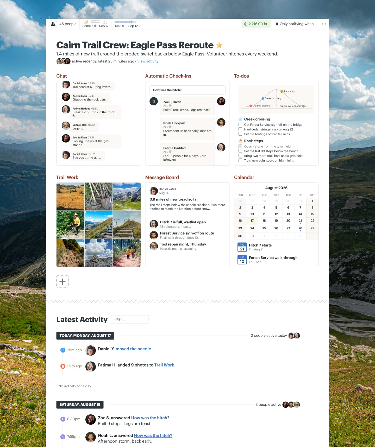 A trail building project in Basecamp with a Message Board, Docs & Files, To-dos, a Calendar, and Chat