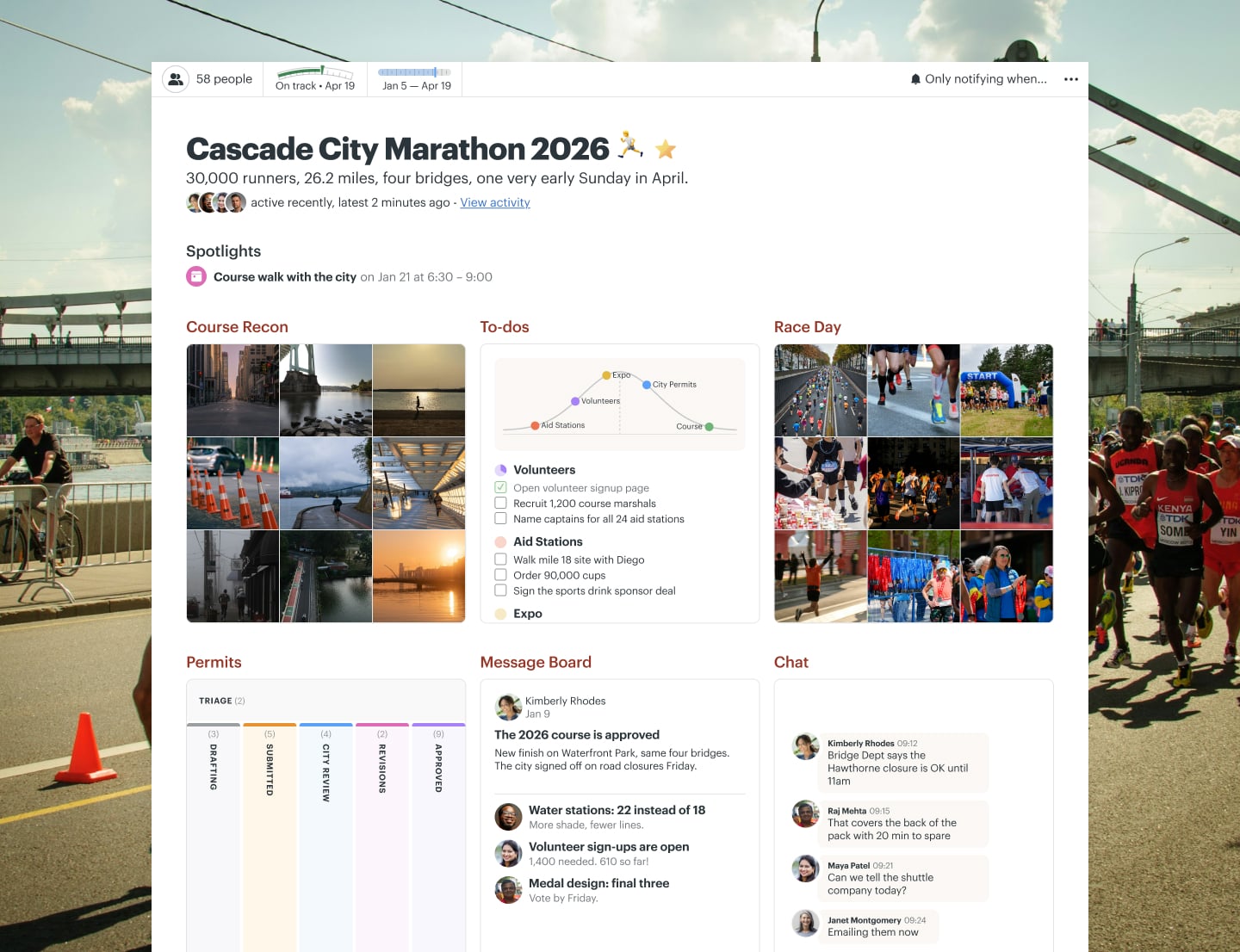 A marathon planning project in Basecamp with a Message Board, Docs & Files, To-dos, a Calendar, and Automatic Check-ins