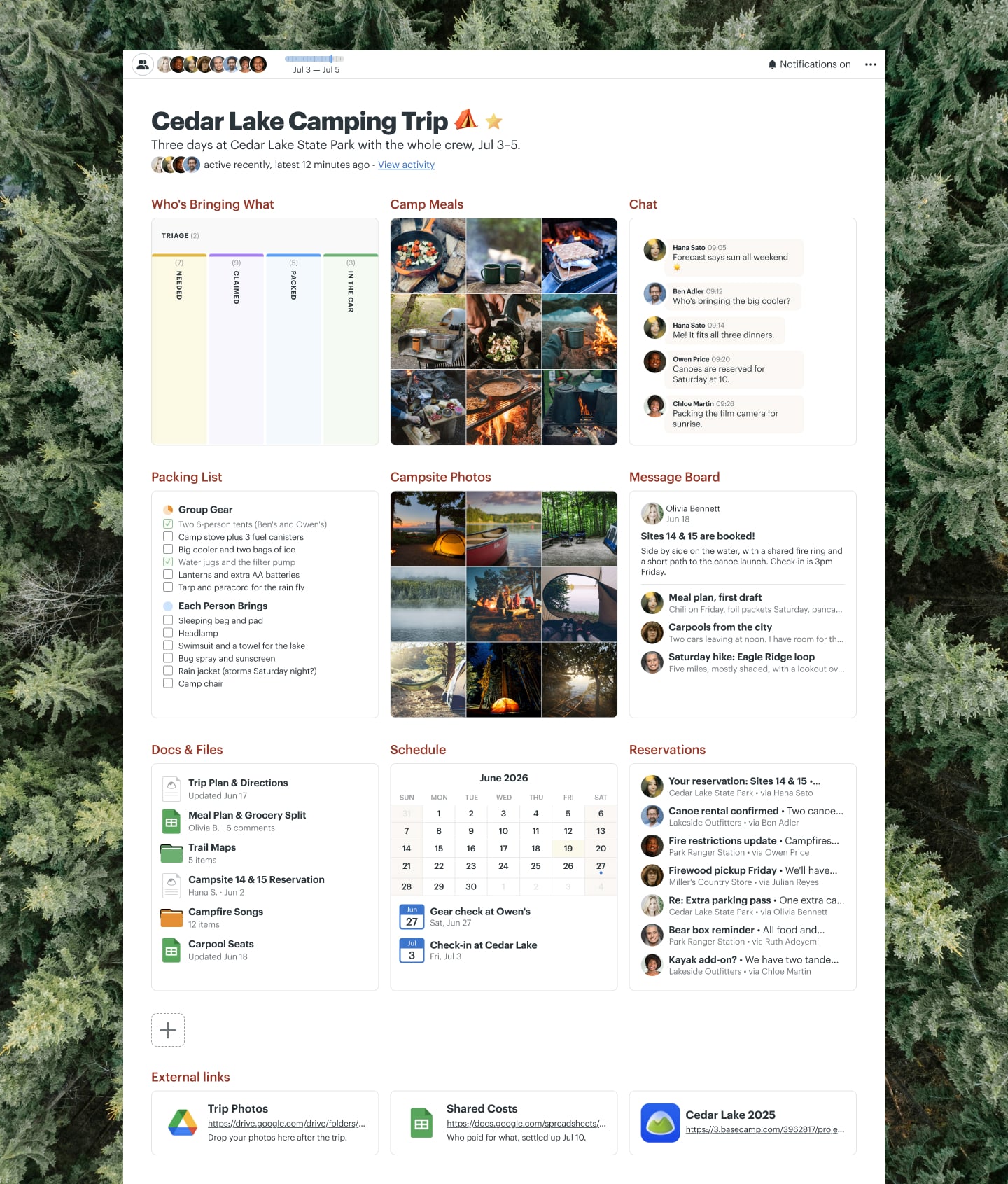 A group camping trip project in Basecamp with a Message Board, Docs & Files, To-dos, a Schedule, and Chat