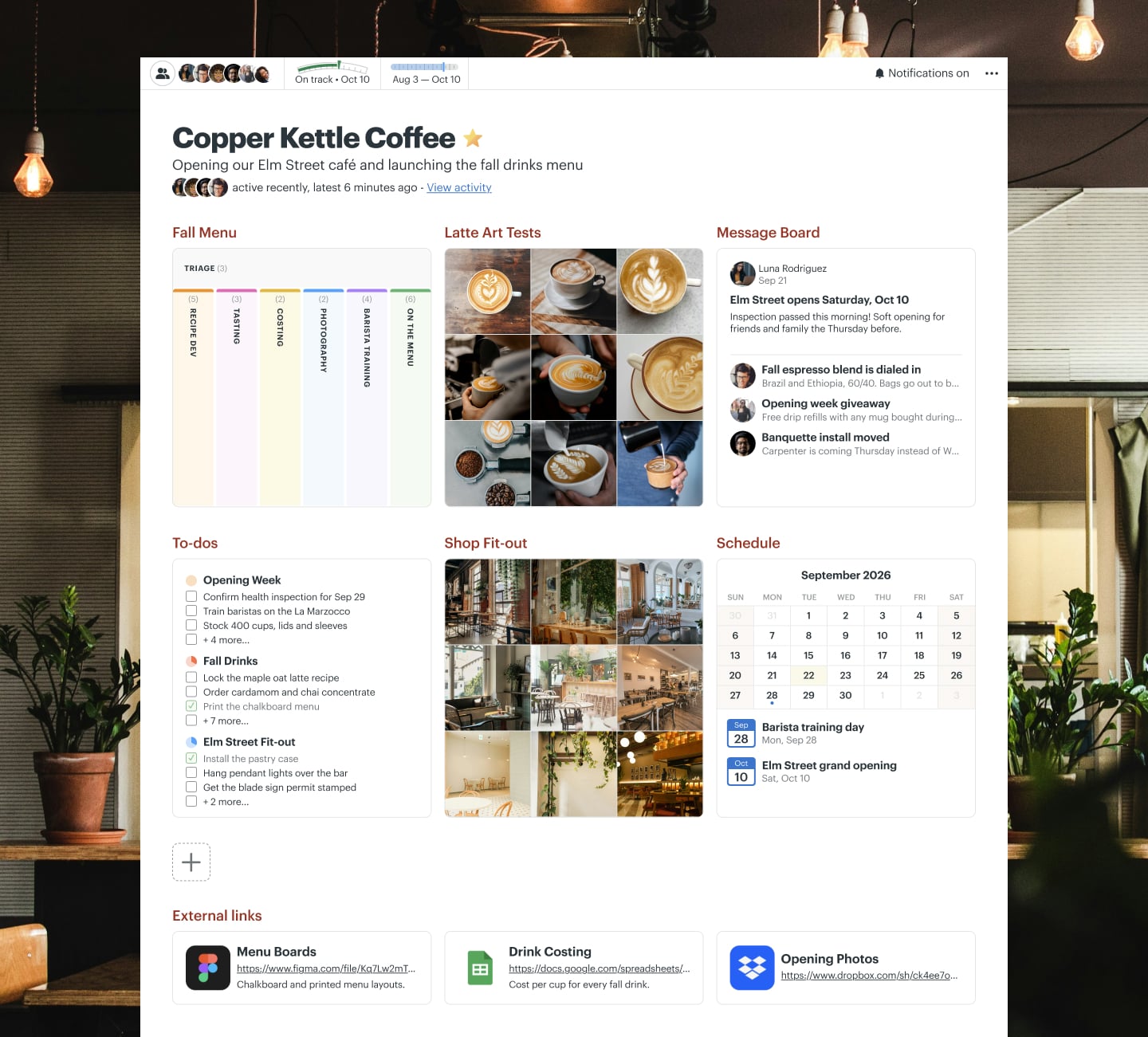 A café menu launch project in Basecamp with a Message Board, Docs & Files, To-dos, a Schedule, and Chat