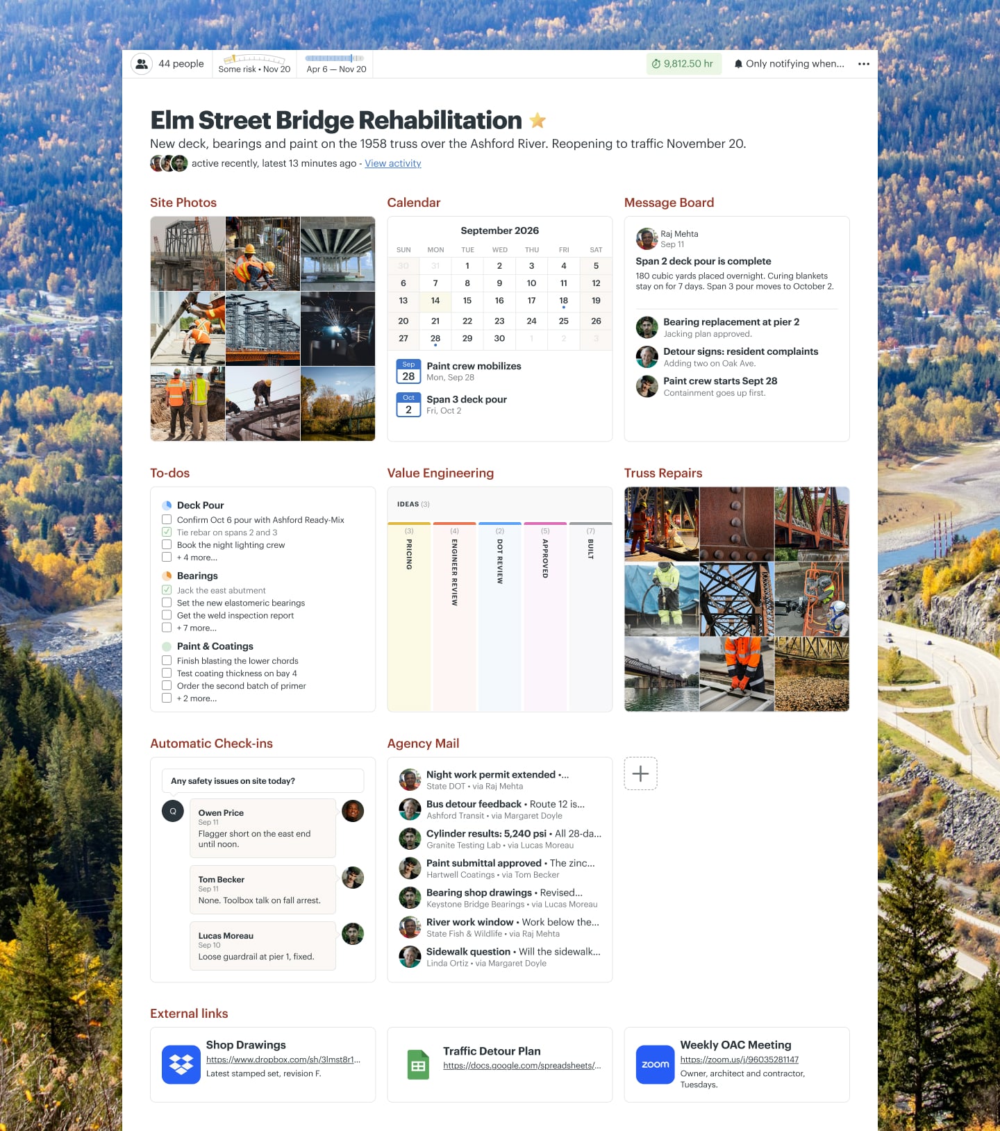 A bridge rehabilitation project in Basecamp with a Message Board, a Card Table, Docs & Files, To-dos, and Email Forwards