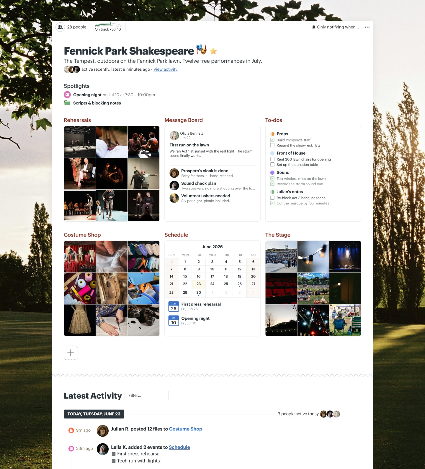 An outdoor theater production project in Basecamp with Docs & Files, a Message Board, To-dos, and a Schedule