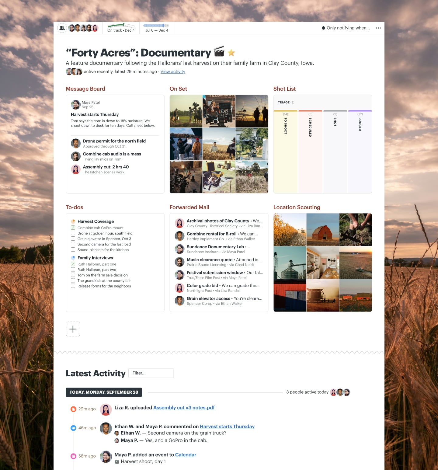 A farm documentary project in Basecamp with a Message Board, Docs & Files, To-dos, a Calendar, and Automatic Check-ins