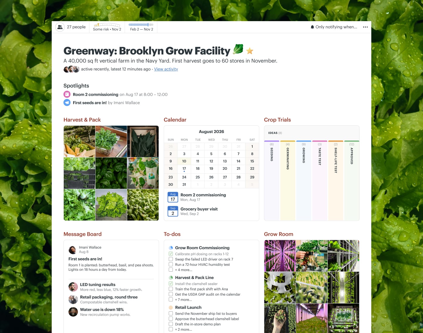 A vertical farm launch project in Basecamp with Docs & Files, a Message Board, To-dos, a Calendar, and Automatic Check-ins