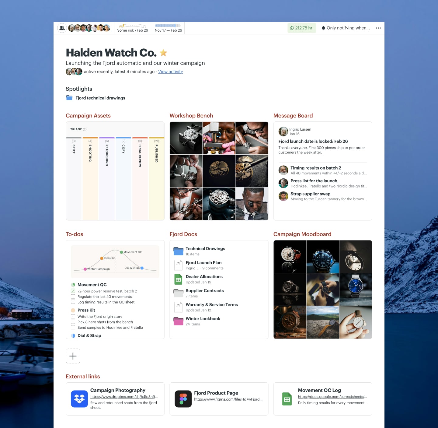 A marketing campaign project in Basecamp with a Message Board, Docs & Files, To-dos, a Schedule, and Chat