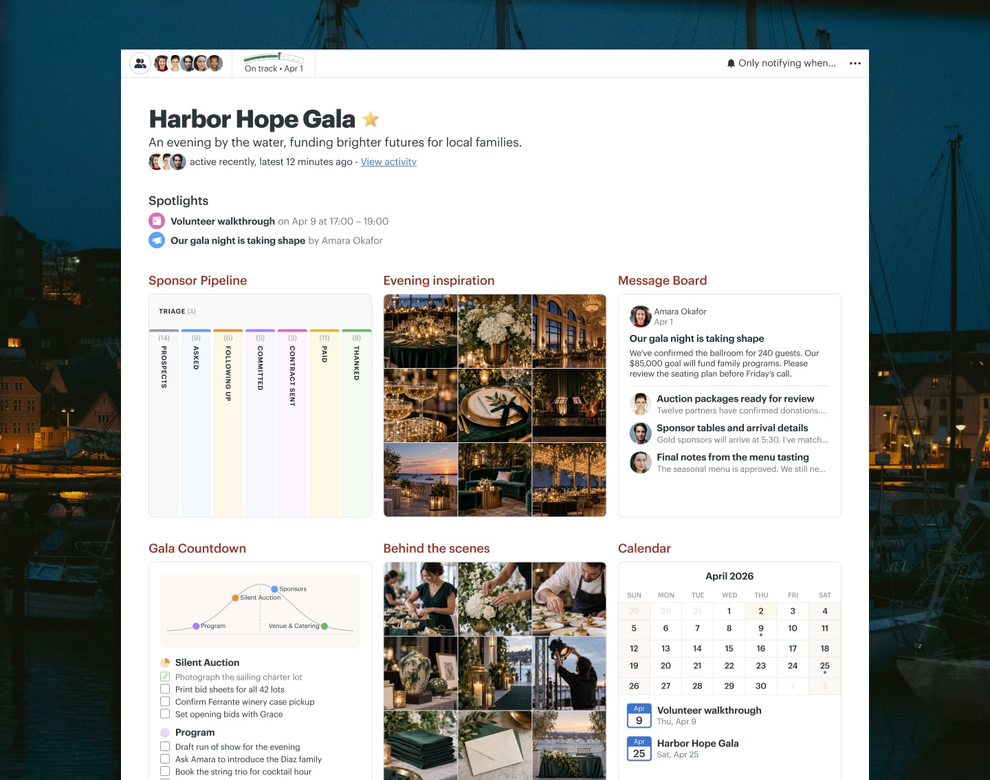 A charity gala planning project in Basecamp with Docs & Files, a Calendar, Email Forwards, and To-dos