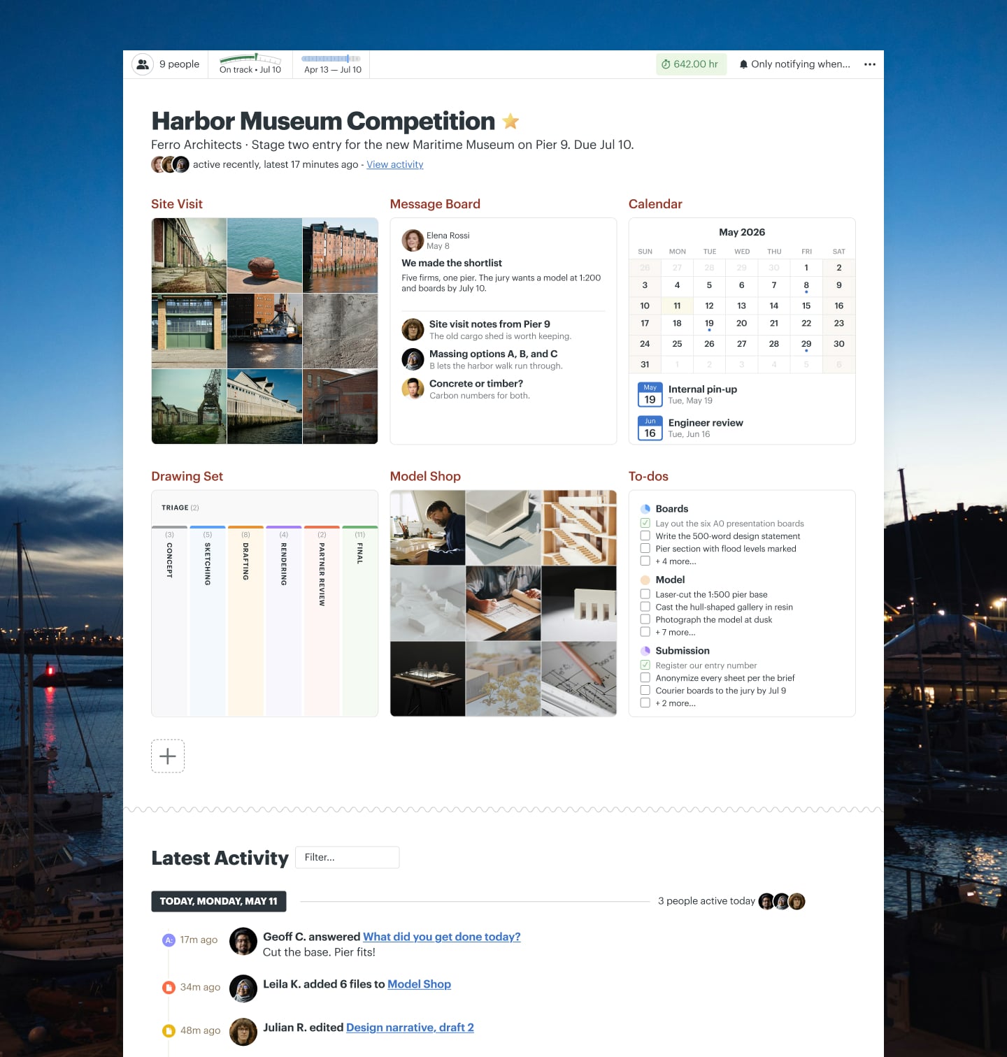 An architecture competition project in Basecamp with a Message Board, Docs & Files, a Calendar, and Automatic Check-ins