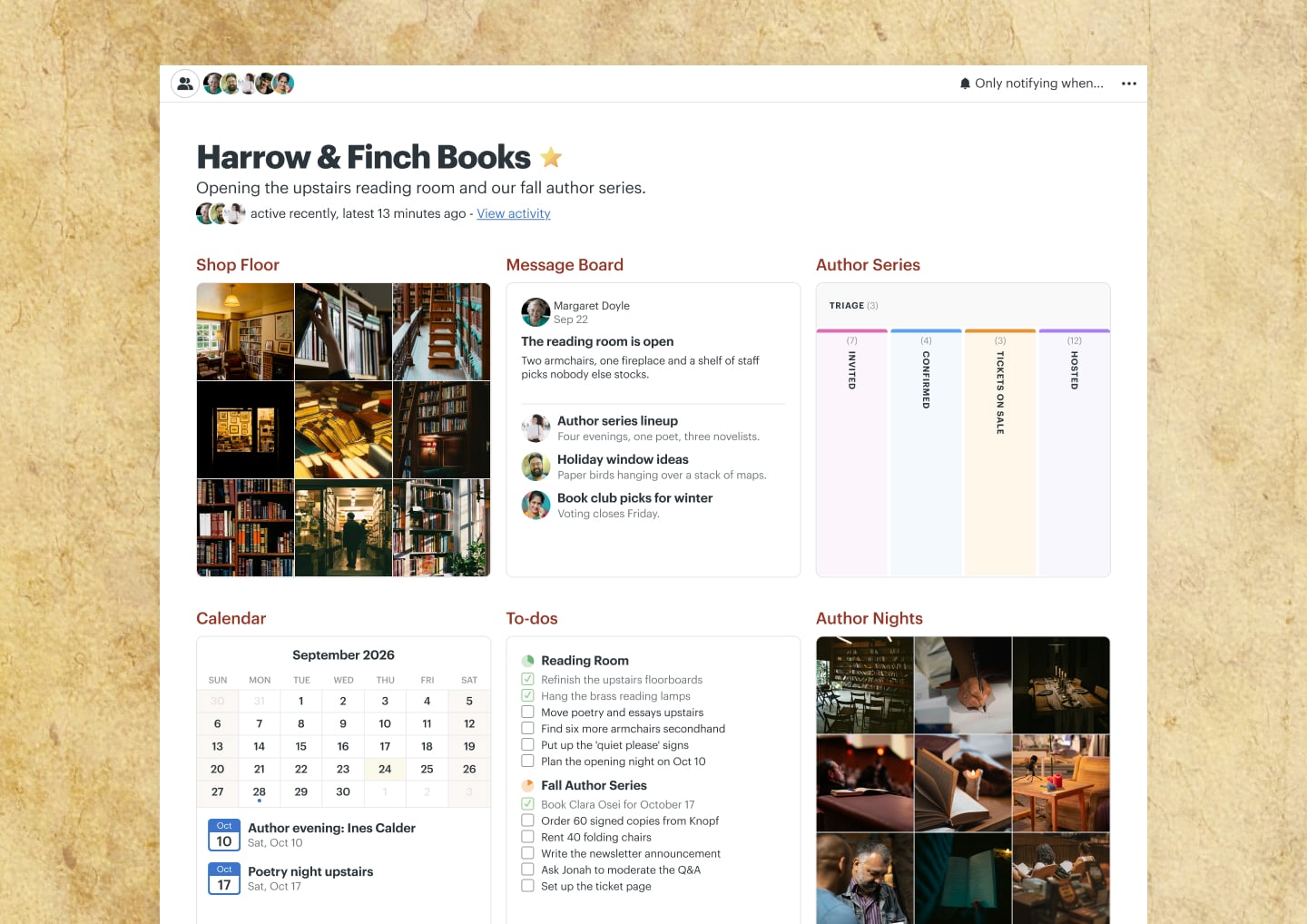 A bookstore author events project in Basecamp with a Calendar, a Message Board, To-dos, Docs & Files, and Automatic Check-ins
