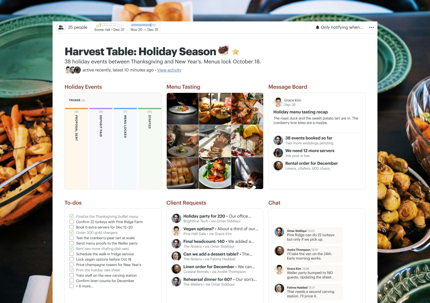 A holiday catering season project in Basecamp with Docs & Files, a Message Board, a Calendar, To-dos, and Automatic Check-ins