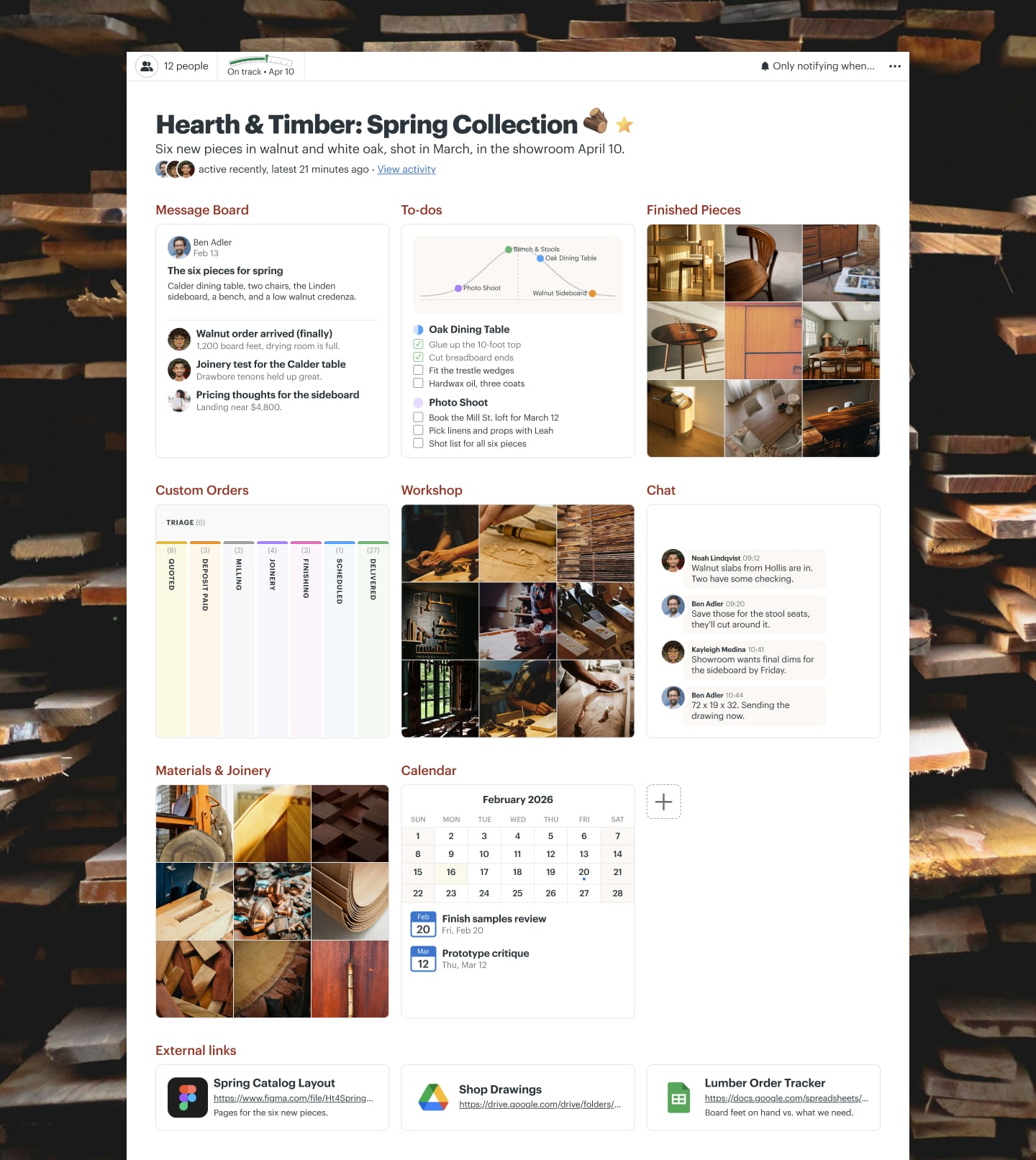 A furniture collection project in Basecamp with a Card Table, Docs & Files, a Message Board, a Calendar, and Automatic Check-ins