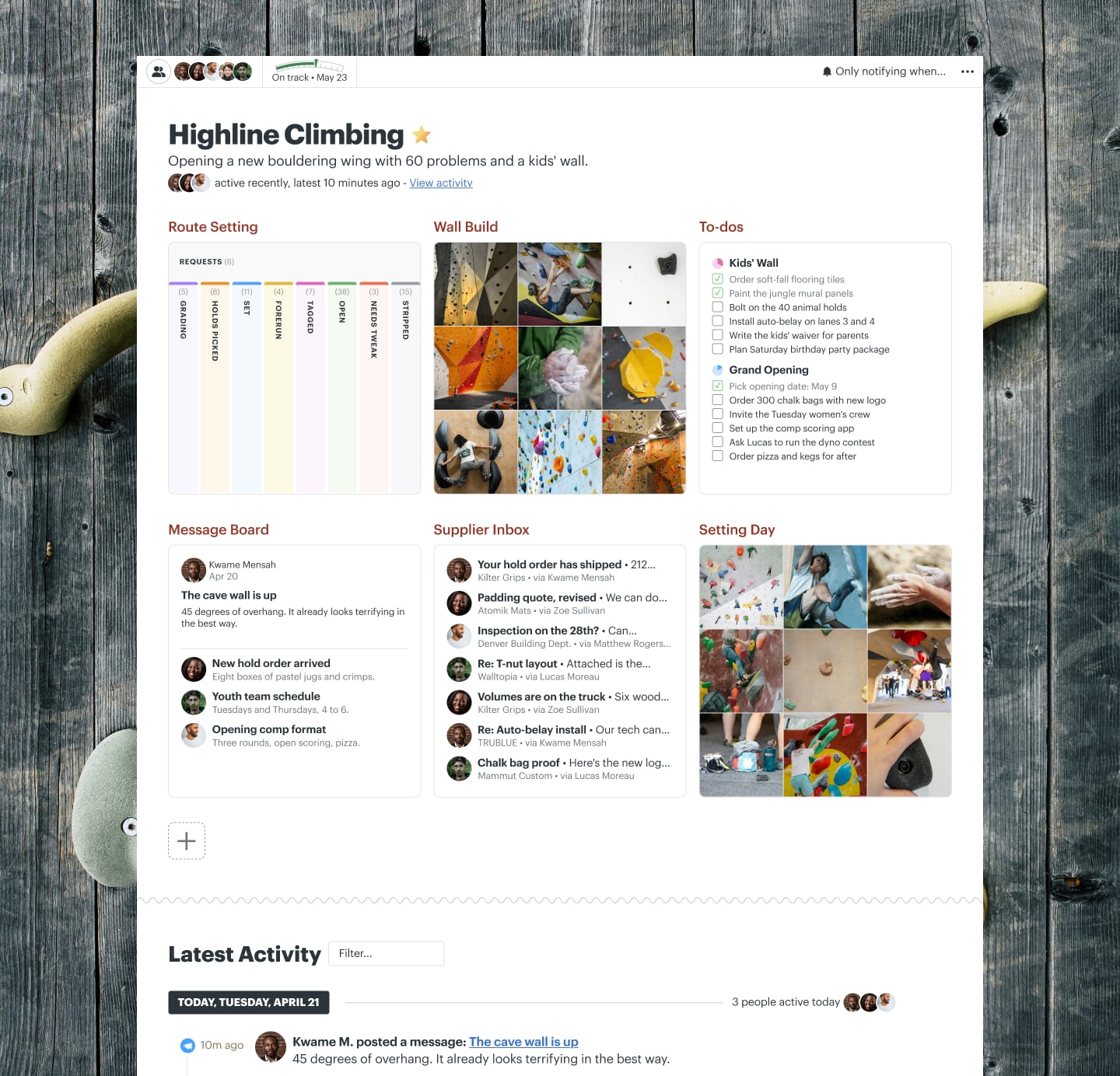 A climbing gym expansion project in Basecamp with Docs & Files, a Message Board, To-dos, a Schedule, and Chat