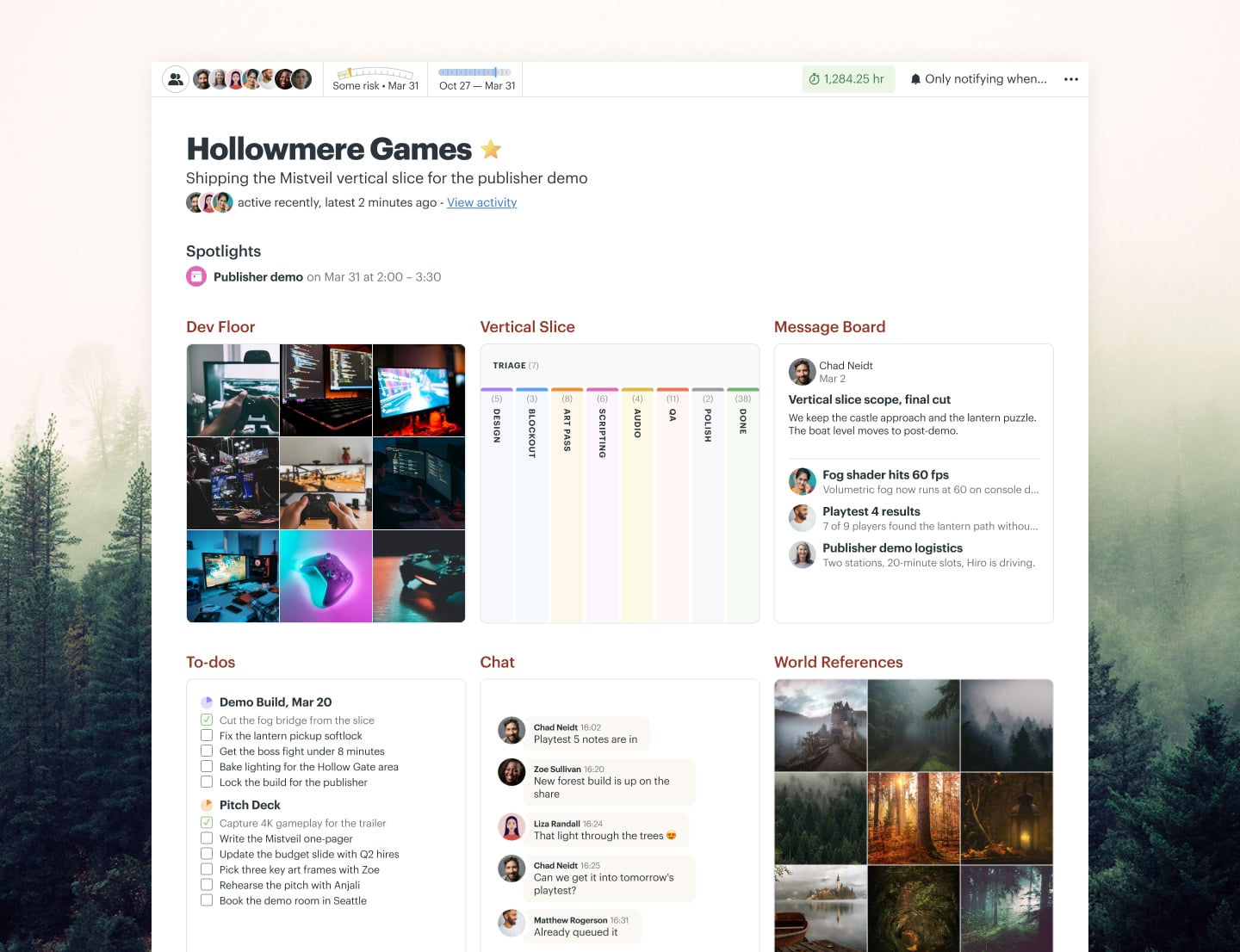 A game development project in Basecamp with Docs & Files, a Message Board, To-dos, a Schedule, and Chat
