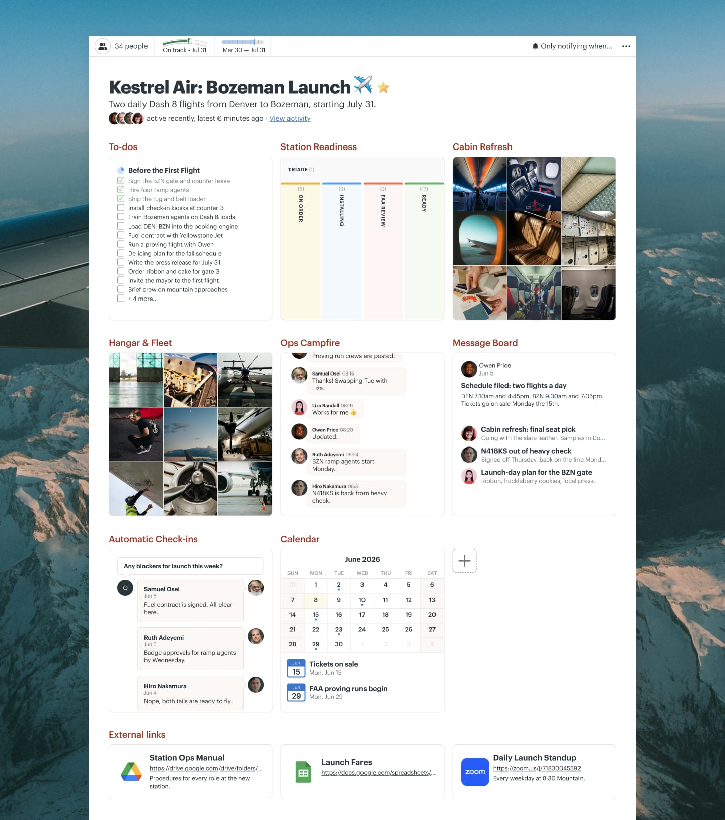 A new airline route project in Basecamp with a Card Table, Docs & Files, a Message Board, a Calendar, Automatic Check-ins, and Chat