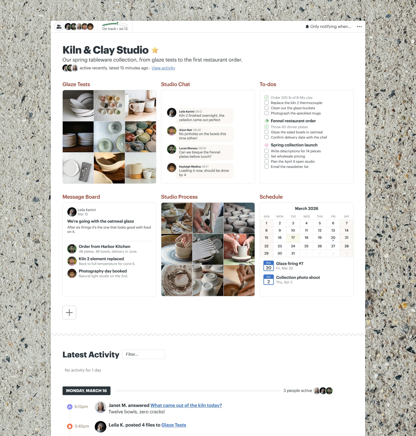 A new product line project in Basecamp with Docs & Files, a Message Board, a Schedule, To-dos, and Automatic Check-ins