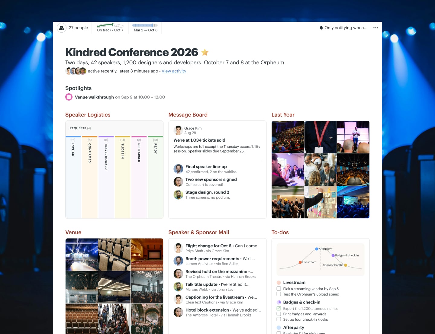 A design conference project in Basecamp with a Message Board, Docs & Files, a Card Table, To-dos, and a Calendar
