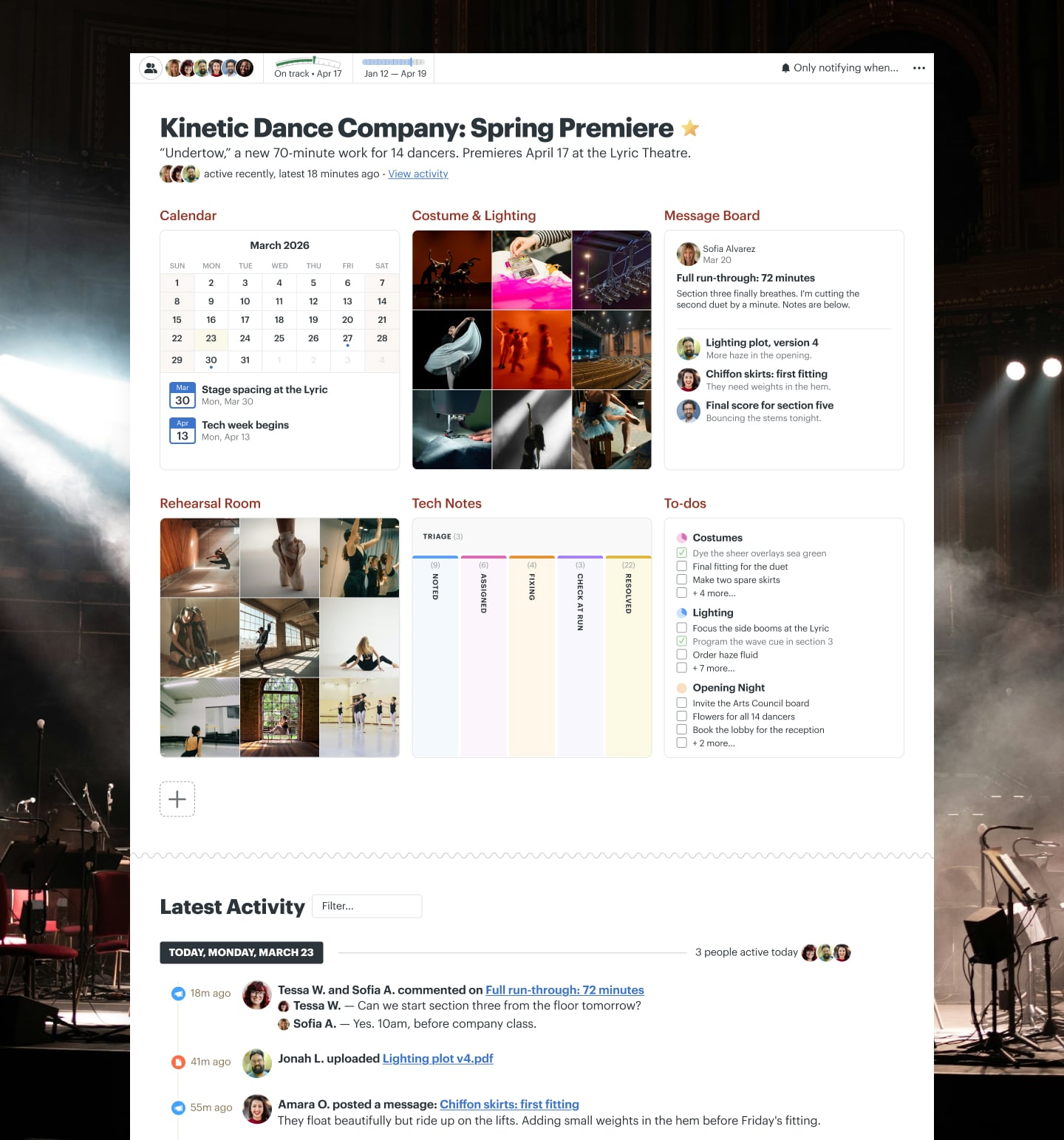 A dance premiere project in Basecamp with a Message Board, Docs & Files, To-dos, a Calendar, and Automatic Check-ins
