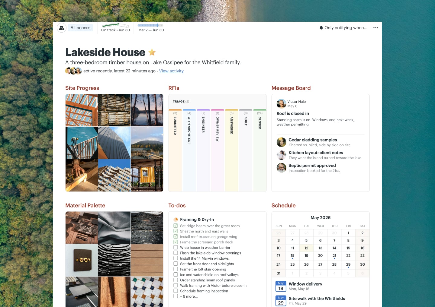 A custom home design project in Basecamp with a Card Table, Docs & Files, a Message Board, and a Schedule