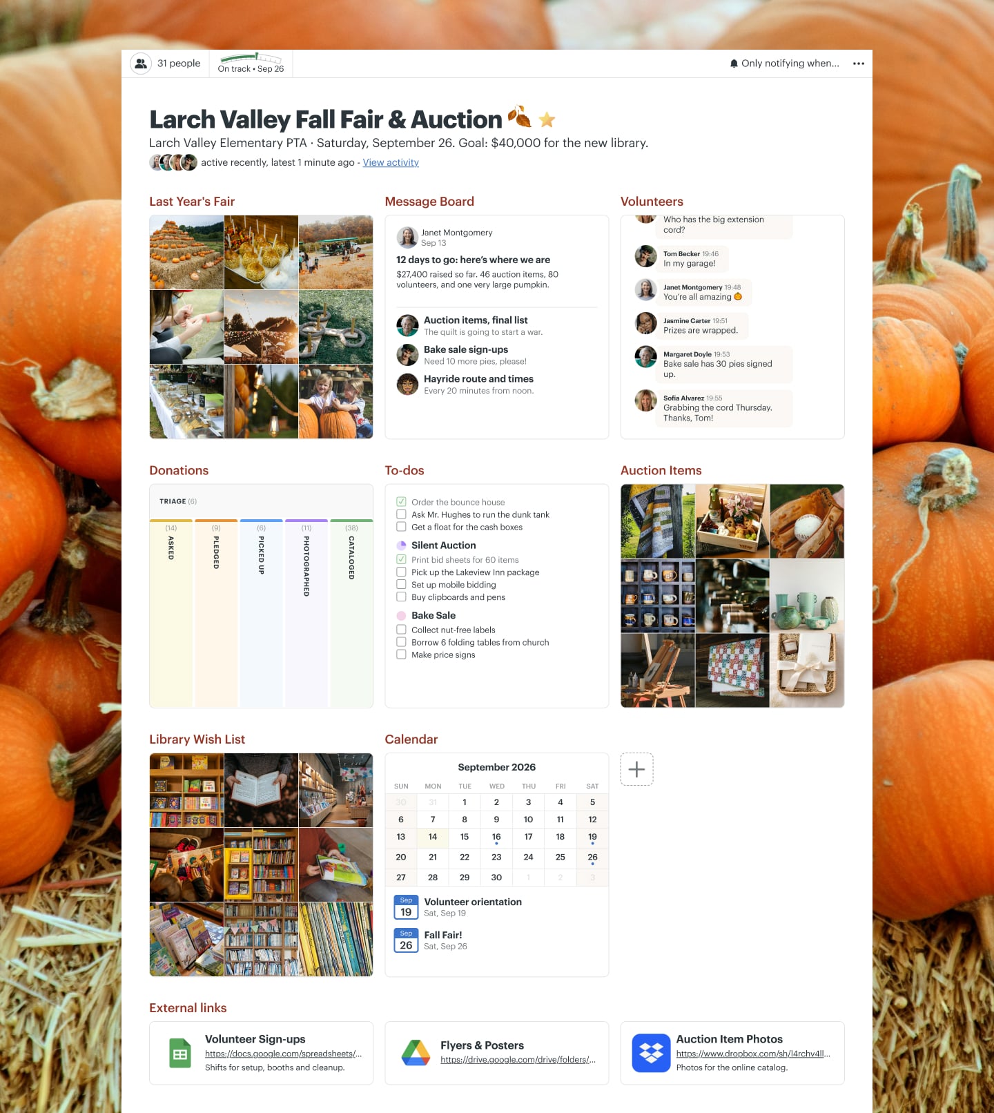 A school fundraiser project in Basecamp with a Calendar, Docs & Files, a Message Board, To-dos, Chat, and Automatic Check-ins
