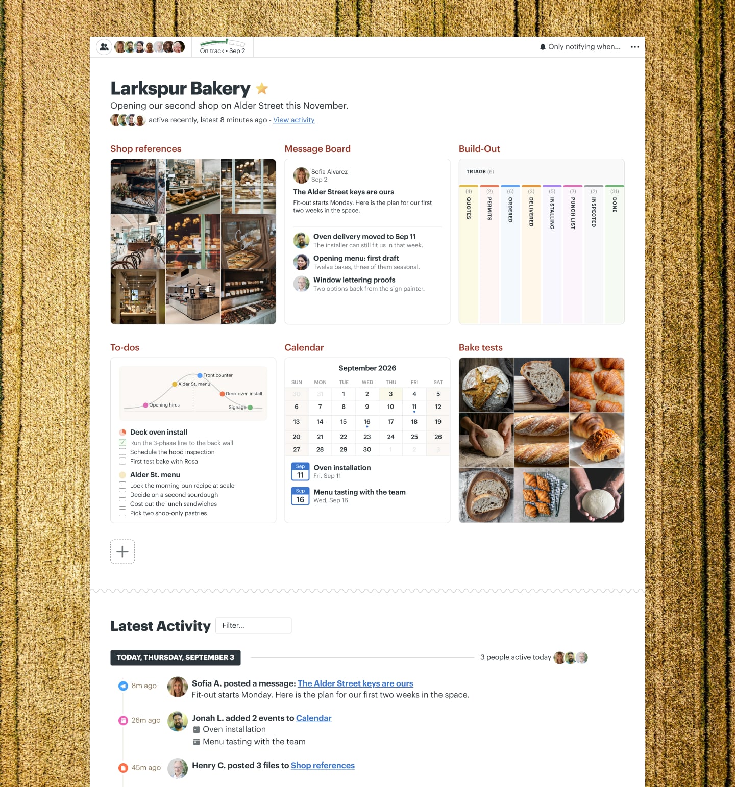 A business expansion project in Basecamp with a Message Board, a Calendar, Docs & Files, To-dos, and Chat