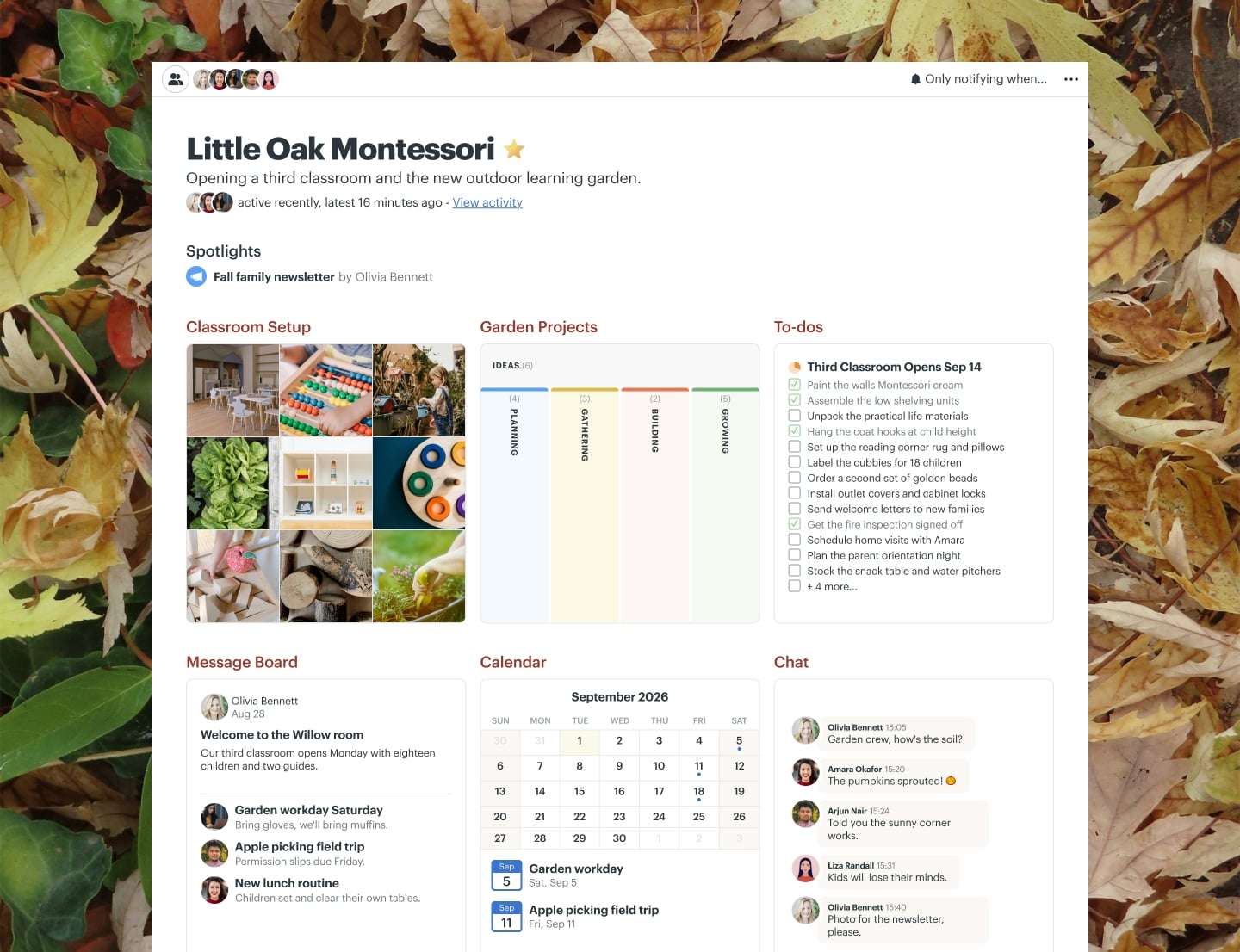 A classroom expansion project in Basecamp with Docs & Files, a Message Board, To-dos, a Calendar, and Email Forwards