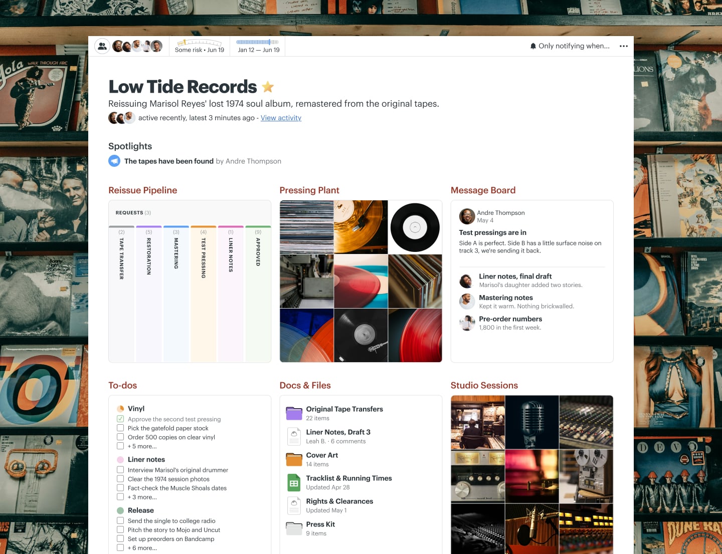 An album reissue project in Basecamp with a Card Table, Docs & Files, a Message Board, and a Schedule